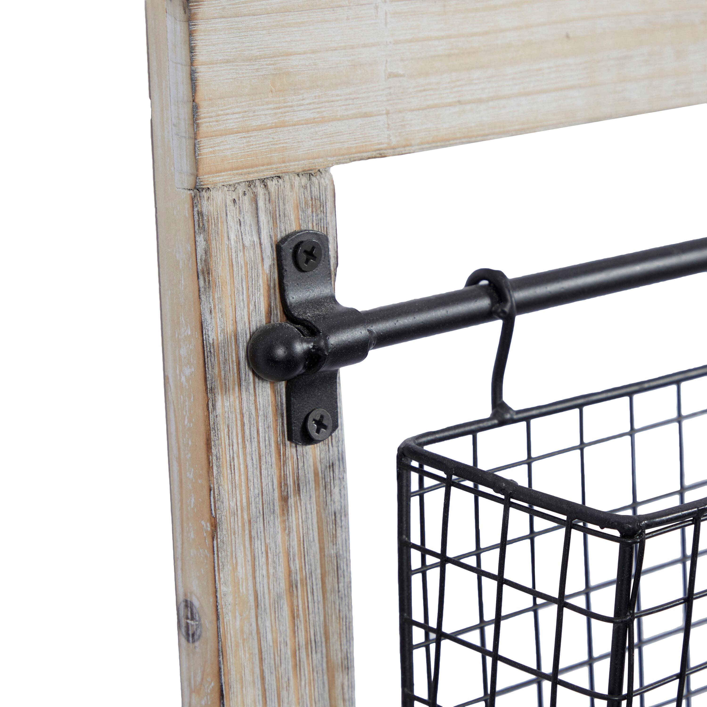 DecMode 25" Black Wood 2 Slots Magazine Rack Holder with Suspended Baskets and Label Slot