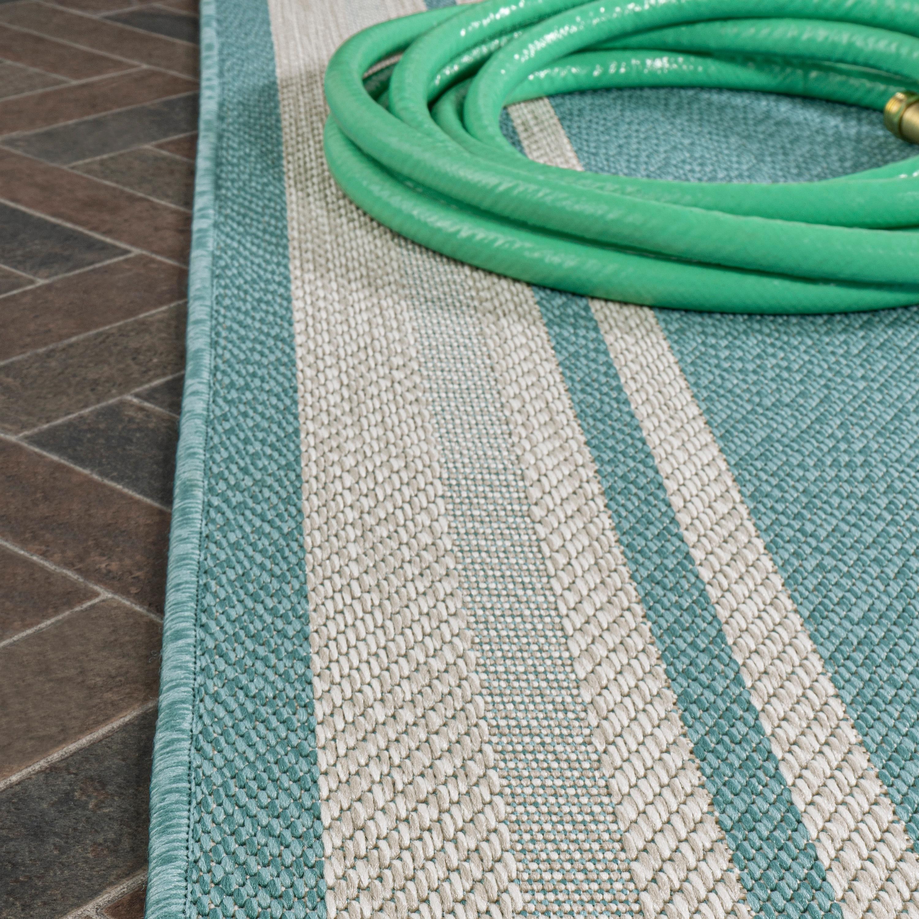 2' x 8' James Modern Border Stripe Indoor/Outdoor Runner Rug, Aqua/Beige - JONATHAN Y