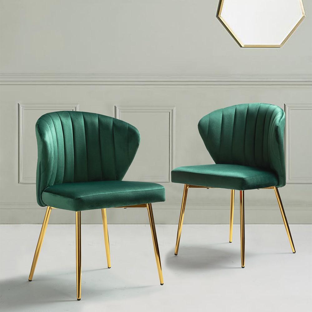 Home Kitchen Velvet Dining Chairs Set of 2 Upholstered Side Chairs Accent Channel Tufted Metal Legs Living Room Bedroom Green