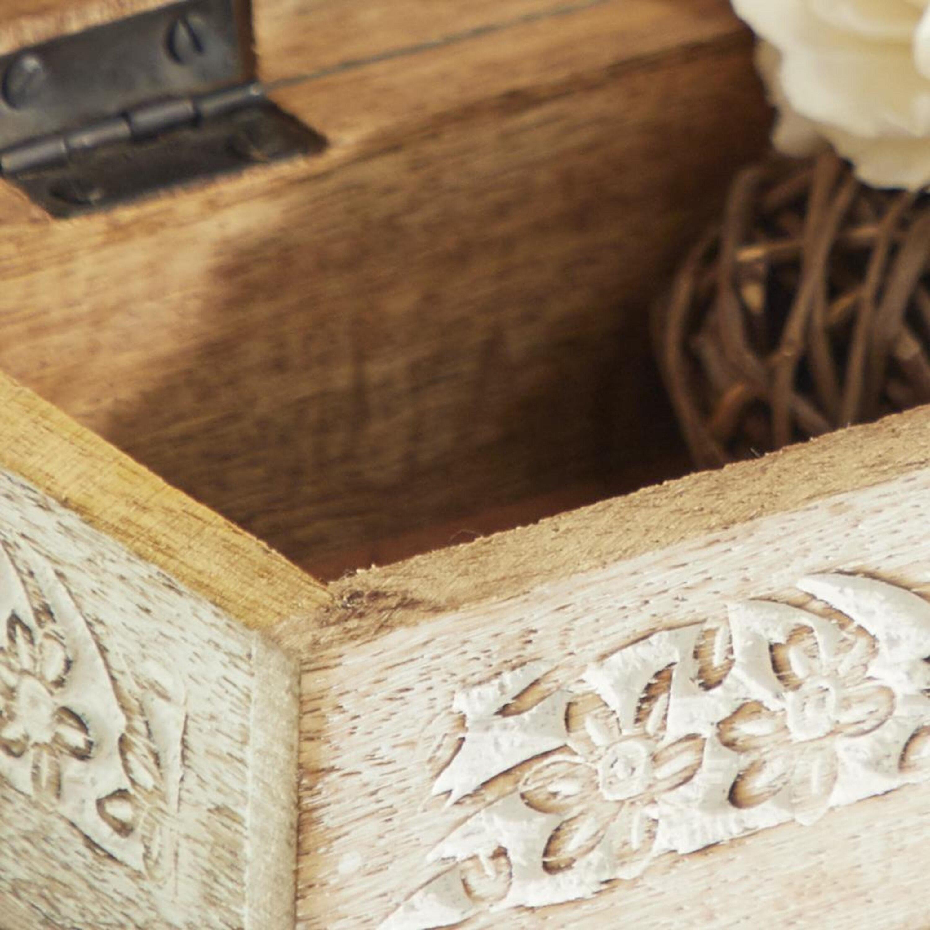 Set of 3 Natural Mango Wood Whitewashed Carved Design Boxes with Lid - Olivia & May