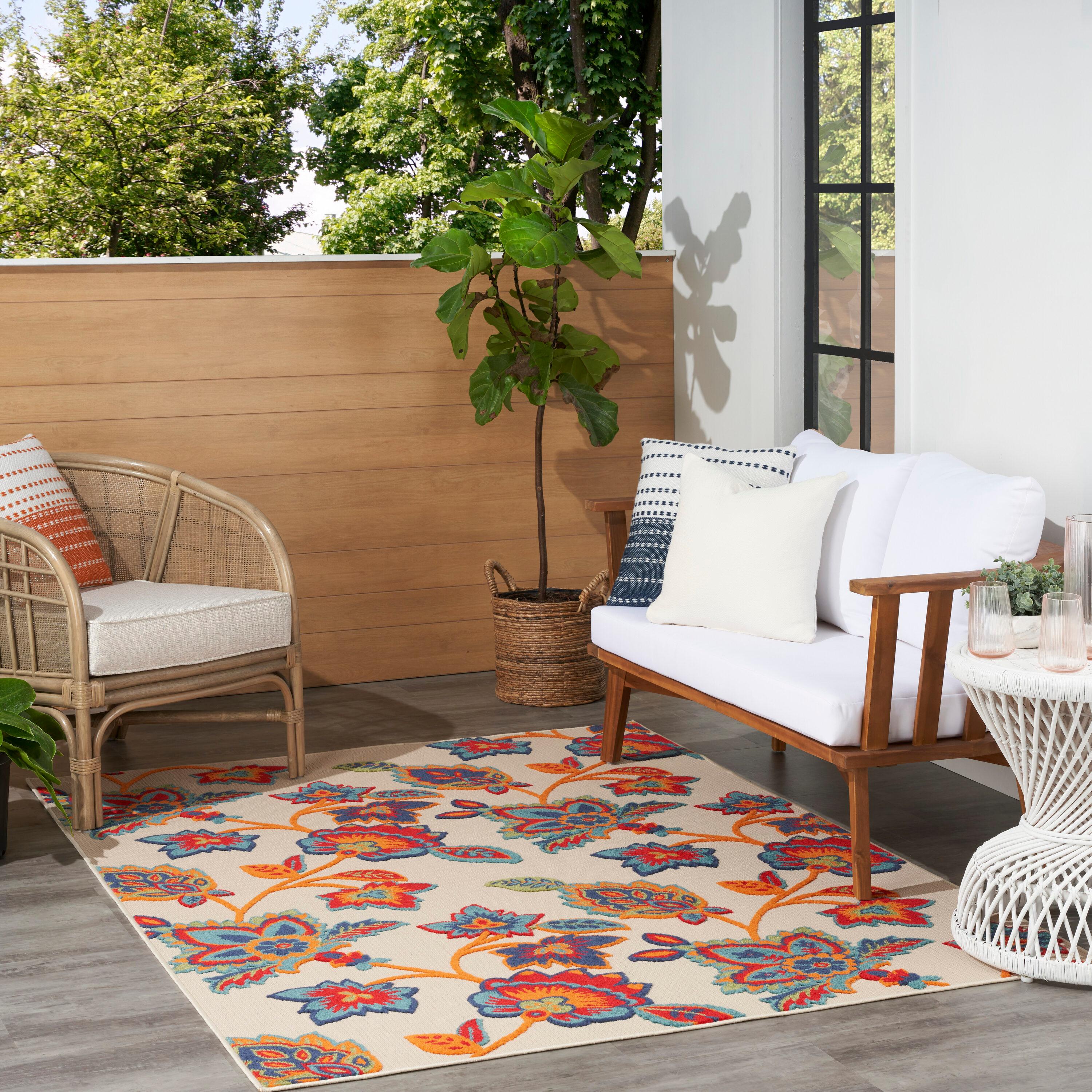 Nourison Aloha Floral Farmhouse Flatweave High-Low Indoor Outdoor Area Rug Multicolor 6' x 9'