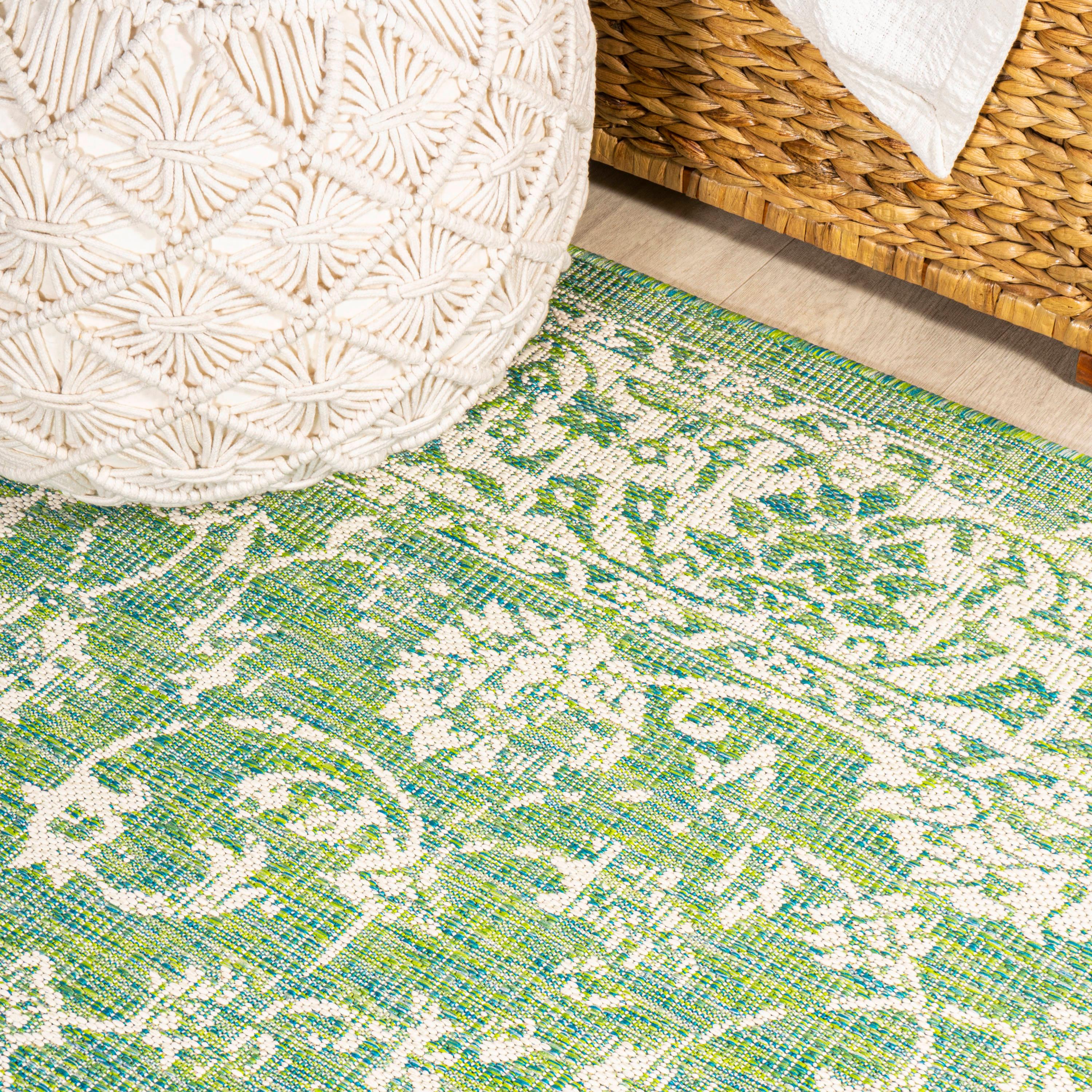 9' x 12' Tela Bohemian Textured Weave Floral Indoor/Outdoor Area Rug, Cream/Green - JONATHAN Y