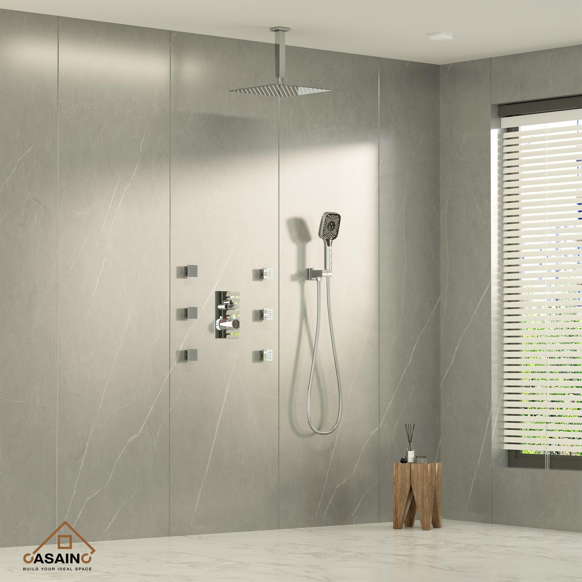 Revitalize 3-Function 12 Inch Ceiling Mount Rainfall Thermostatic Shower System with 6 Body Jets