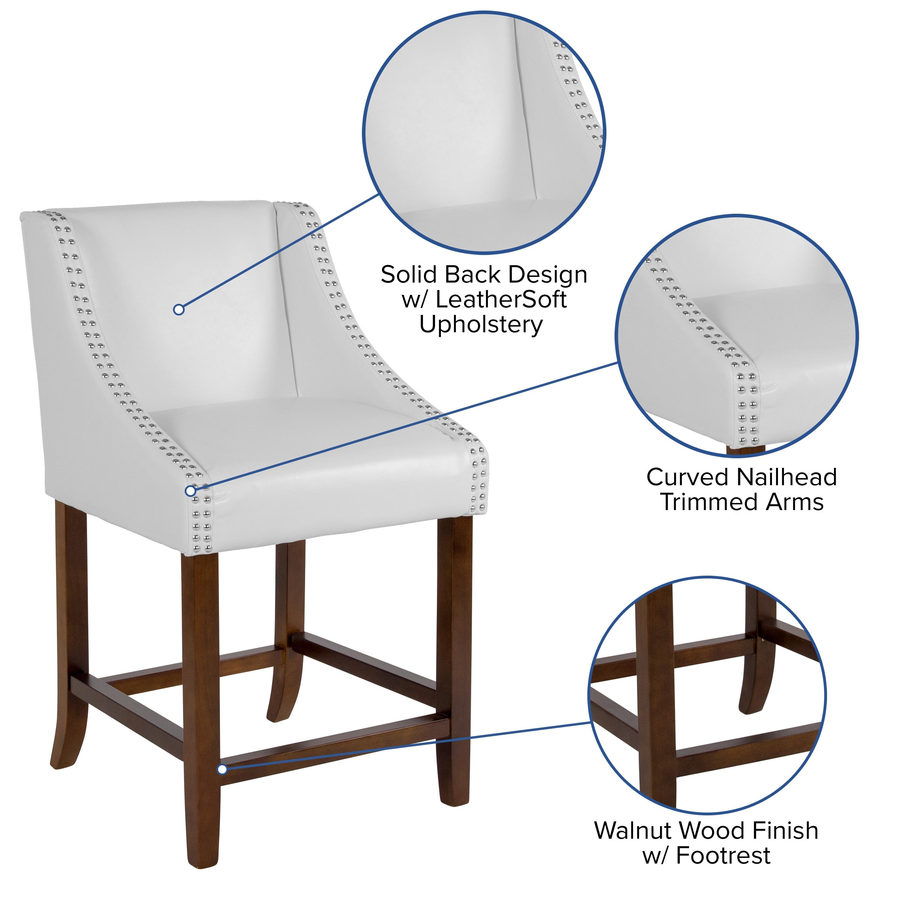 Flash Furniture Carmel Series 24" High Transitional Walnut Counter Height Stool with Nail Trim in White LeatherSoft