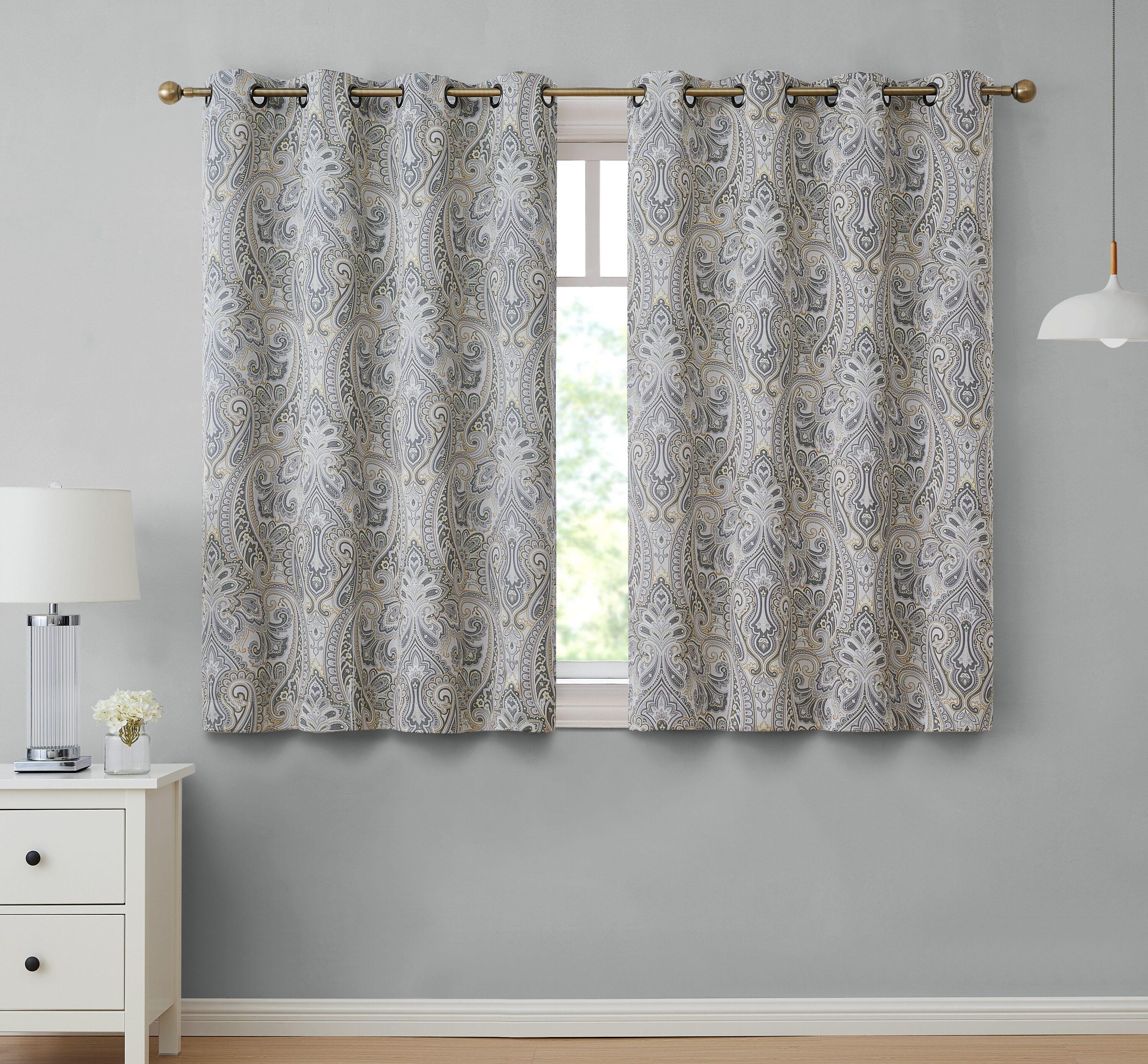 HLC.ME Paris Paisley Decorative Print Damask Pattern Light Reducing Grommet Window Curtain Panels for Bedroom, Set of 2 - Grey, 50 W x 63 L
