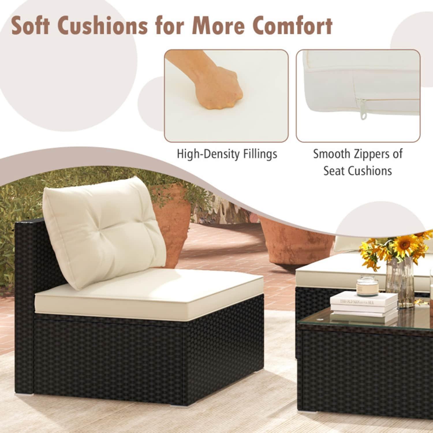 Topcobe 7 Pieces Patio Rattan Furniture Set with Sectional Sofa Cushions, Outdoor Patio Furniture-Beige