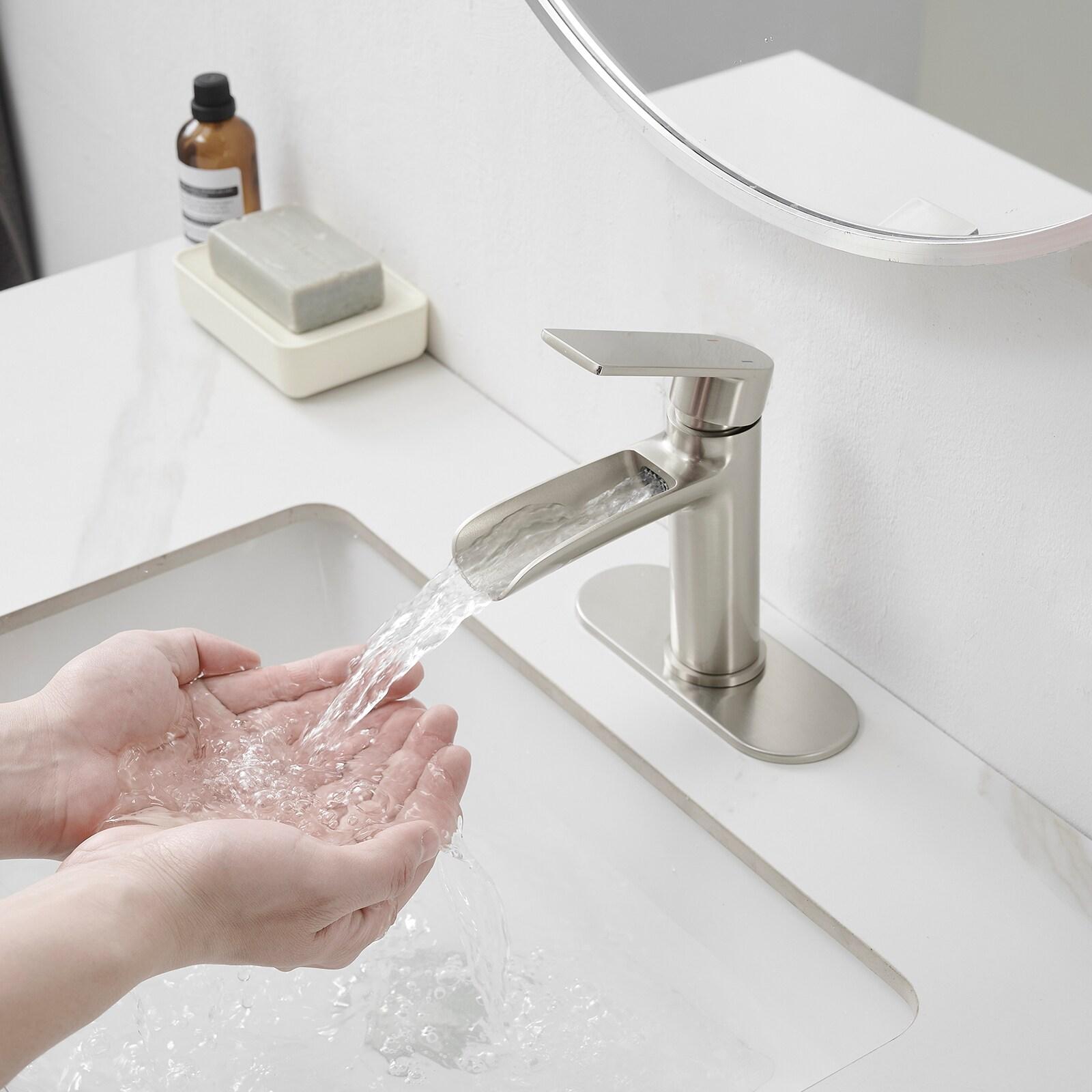 BWE Bathroom Faucets Waterfall Bathroom Faucet with Pop Up Drain for Bathroom Sink Single Hole Farmhouse RV Bathroom Basin Faucet Brushed Nickel