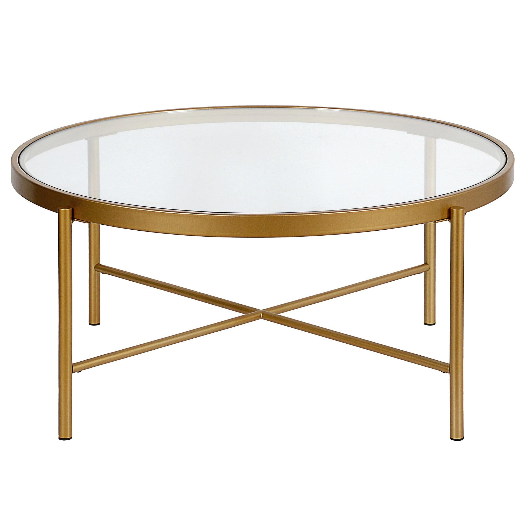 Metal 36" Round Glass Top Coffee Table in Brass - Henn&Hart