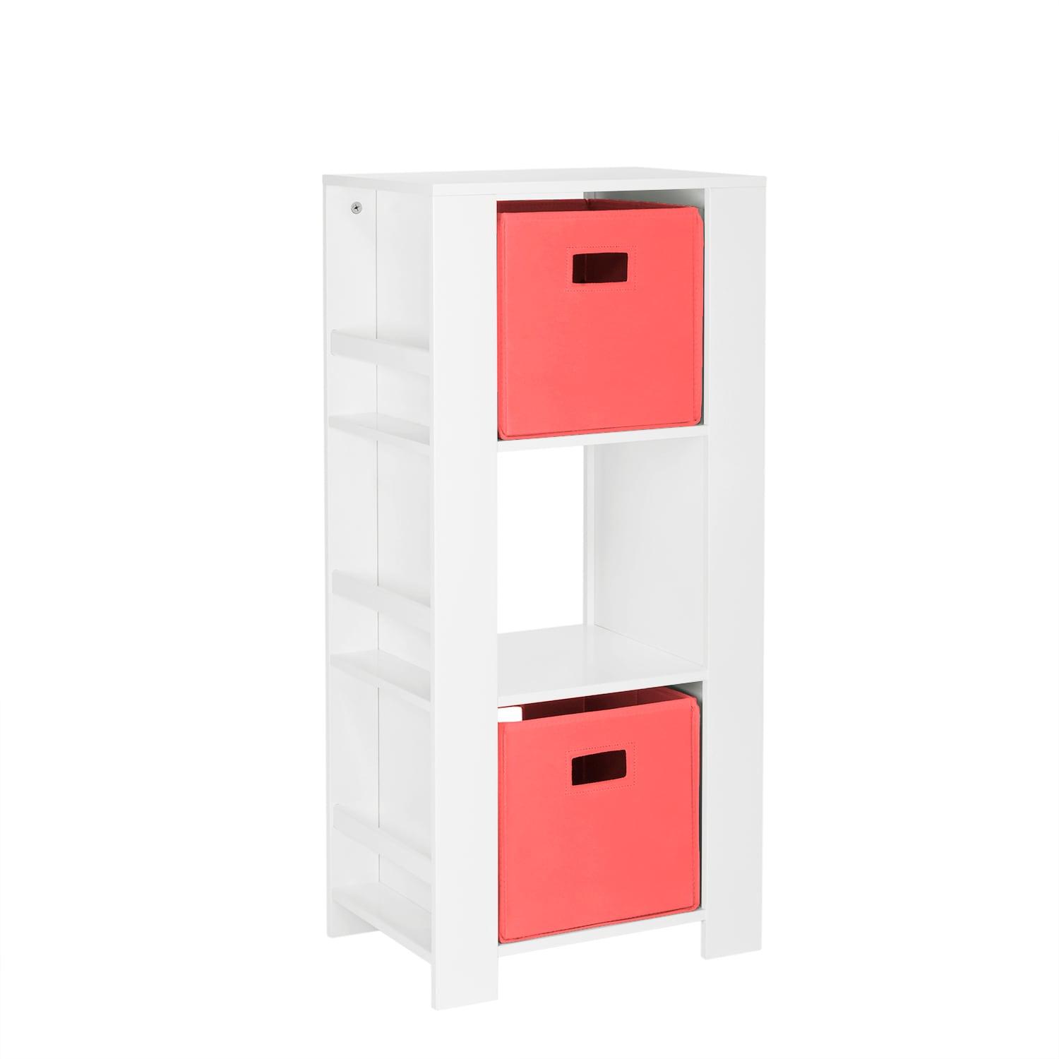 RiverRidge Book Nook Kids Bookshelf and Toy Organizer Tower with 3 Cubbies and 6 Bookracks for Playroom, Nursery, and Reading Nook - White with 2 Fabric Bins