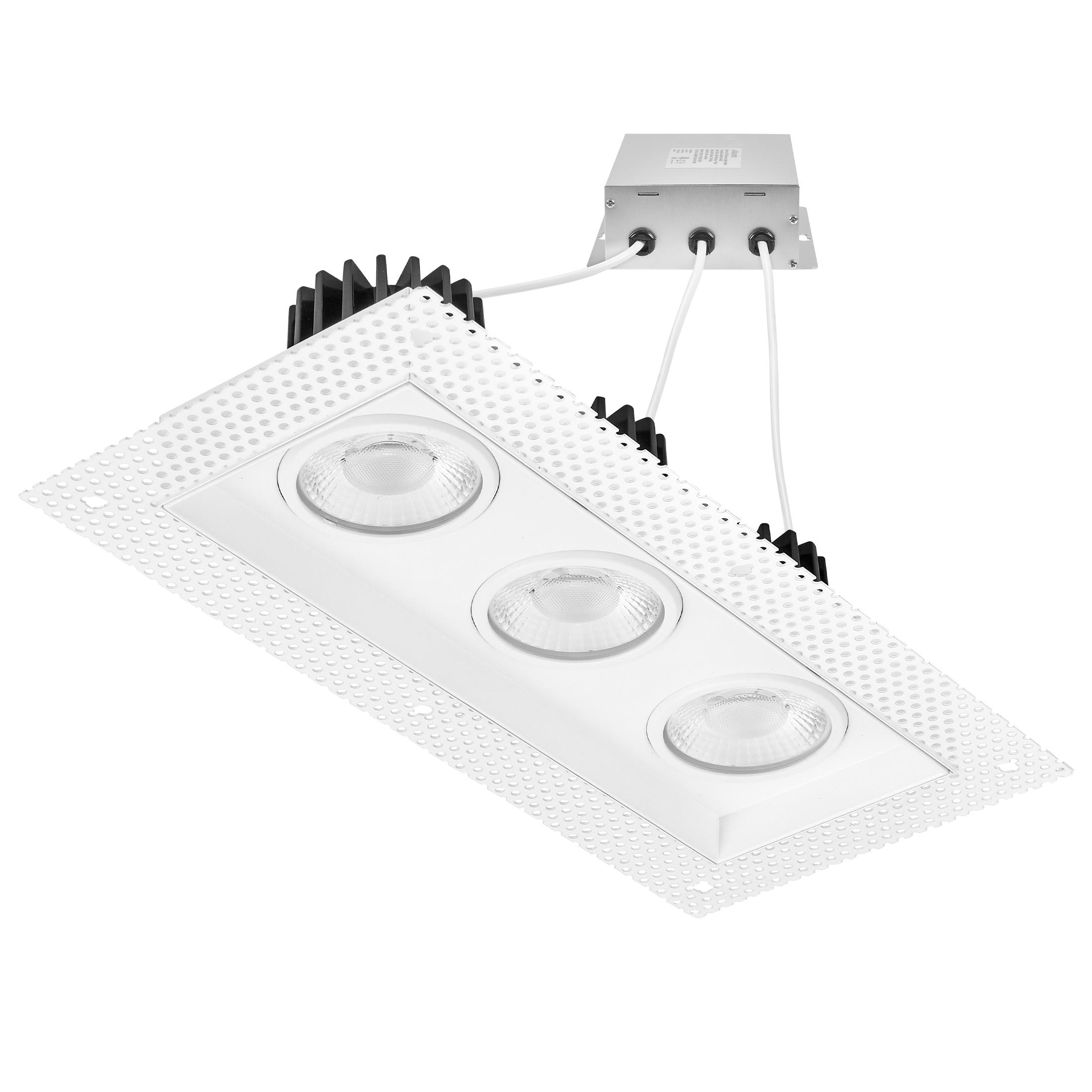 Maxxima 4 in. 3 Head Trimless LED Slim Square Recessed Anti-Glare Gimbal Downlight, White, Canless IC Rated, 3000 Lumens, 5 CCT 2700K-5000K