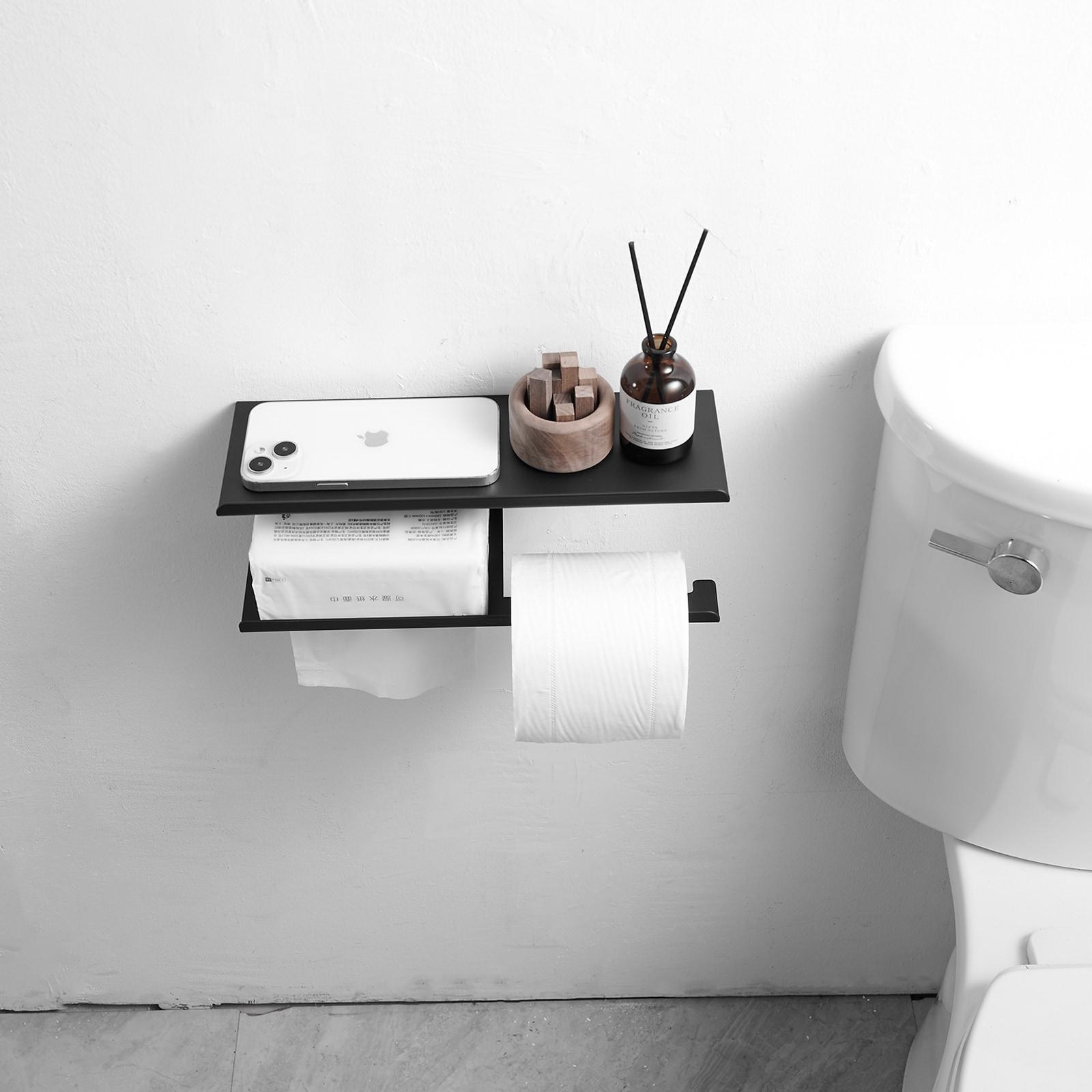 Modern Toilet Paper Holder with Anti-Rust Shelf Paper Roll Holder Toilet Tissue Holder Wipes Storage in Matte Black