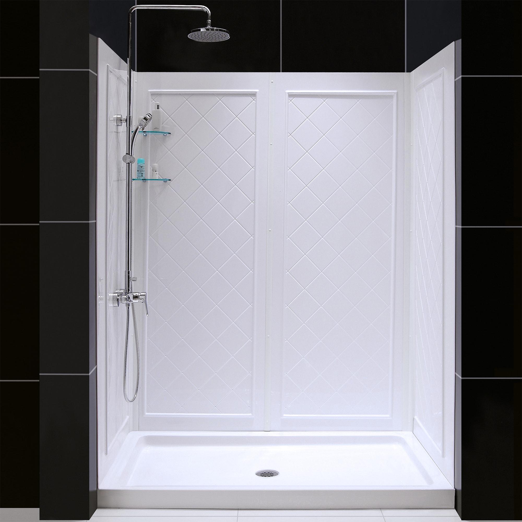 Qwall 32" D x 60" W x 76 3/4" H Left Drain Acrylic Shower Base and Wall Kit in White