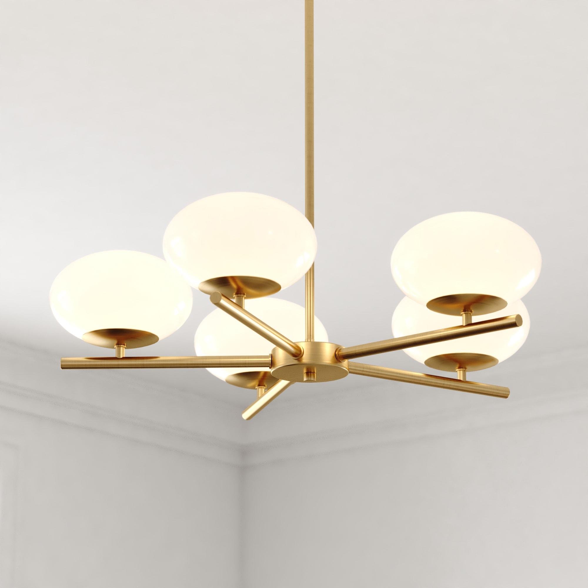 VAXCEL Sloane 5 Light LED Gold Satin Brass Mid-Century Modern Chandelier with White Glass Globes