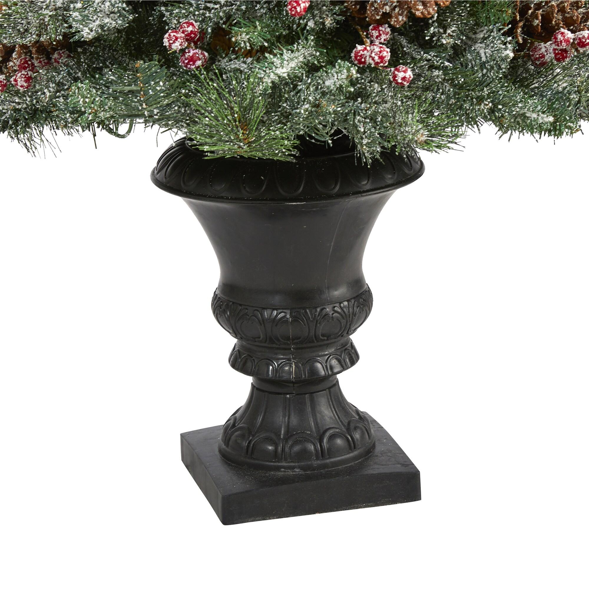 Nearly Natural 4’ Frosted Pine, Pinecone and Berries Prelit LED Artificial Christmas Tree in Decorative Urn