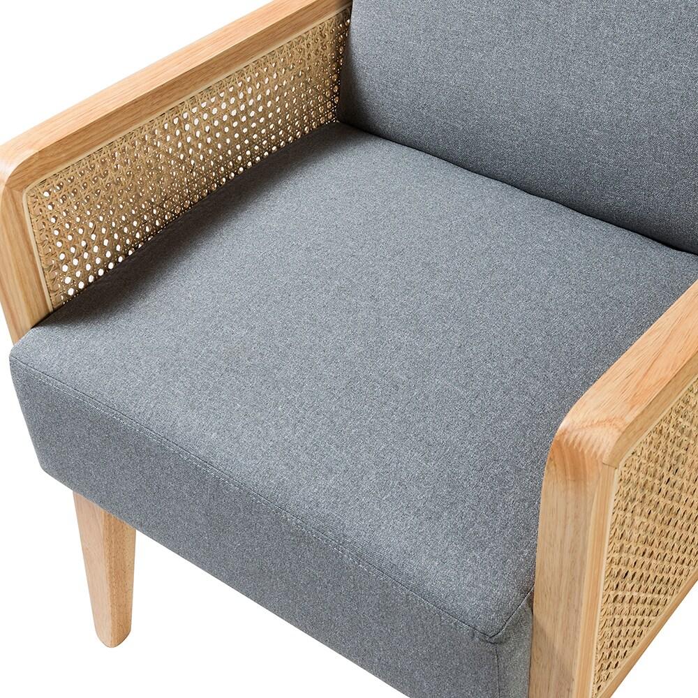 Farmhouse Accent Chair Rattan Armrests Fabric Upholstered Wooden Reading Armchair Living Bedroom Blue