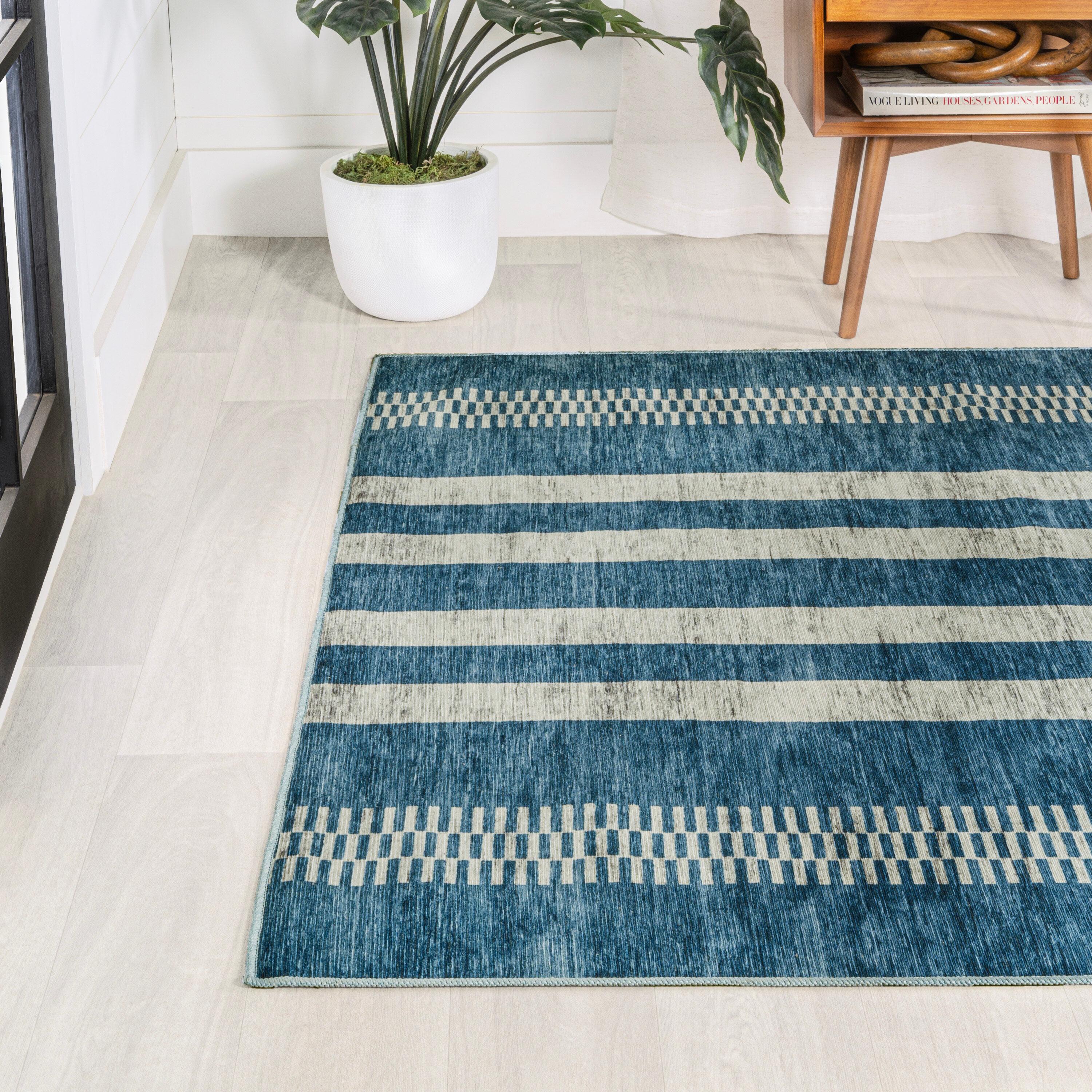 JONATHAN Y Vichy Geometric Striped Machine-Washable Blue/Cream 3 ft. x 5 ft. Area Rug