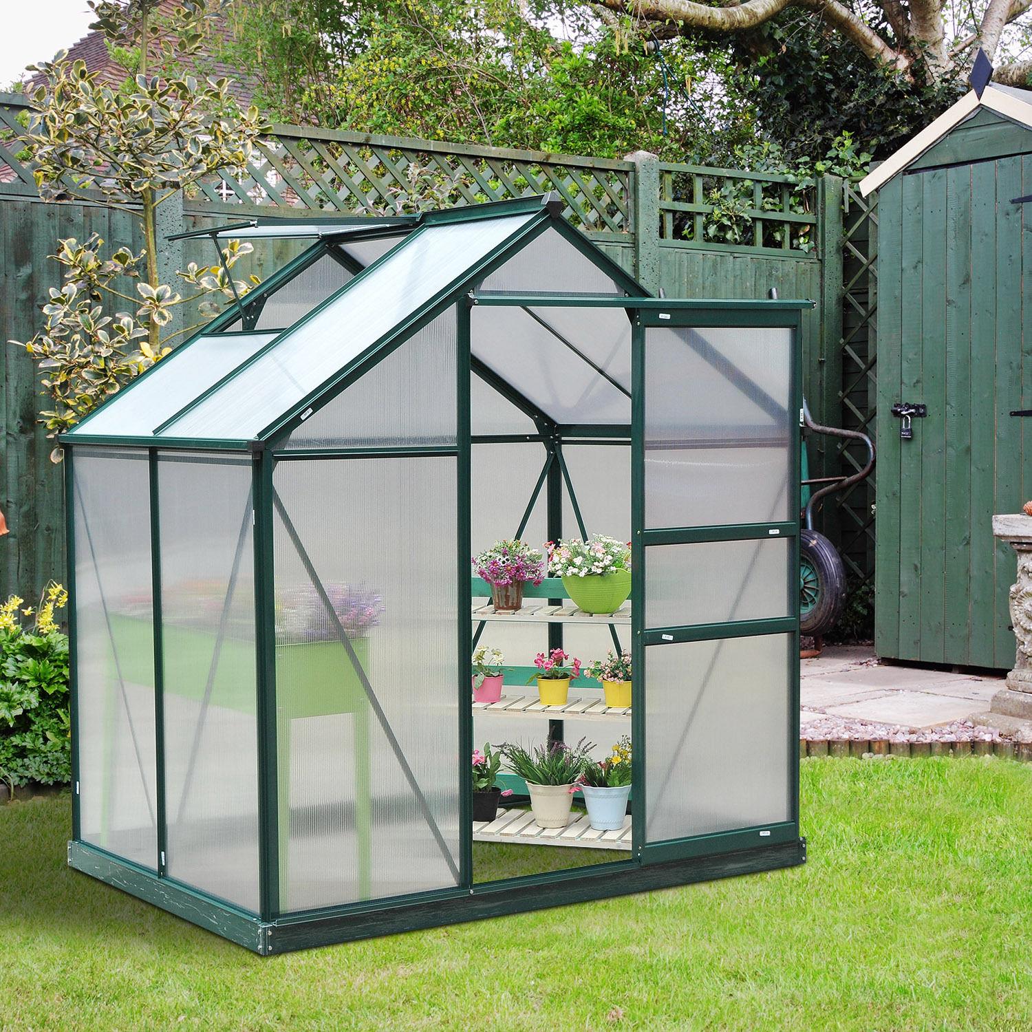 Outsunny 6' x 4' x 7' Polycarbonate Greenhouse, Heavy Duty Outdoor Aluminum Walk-in Green House Kit with Vent & Door for Backyard Garden, Green