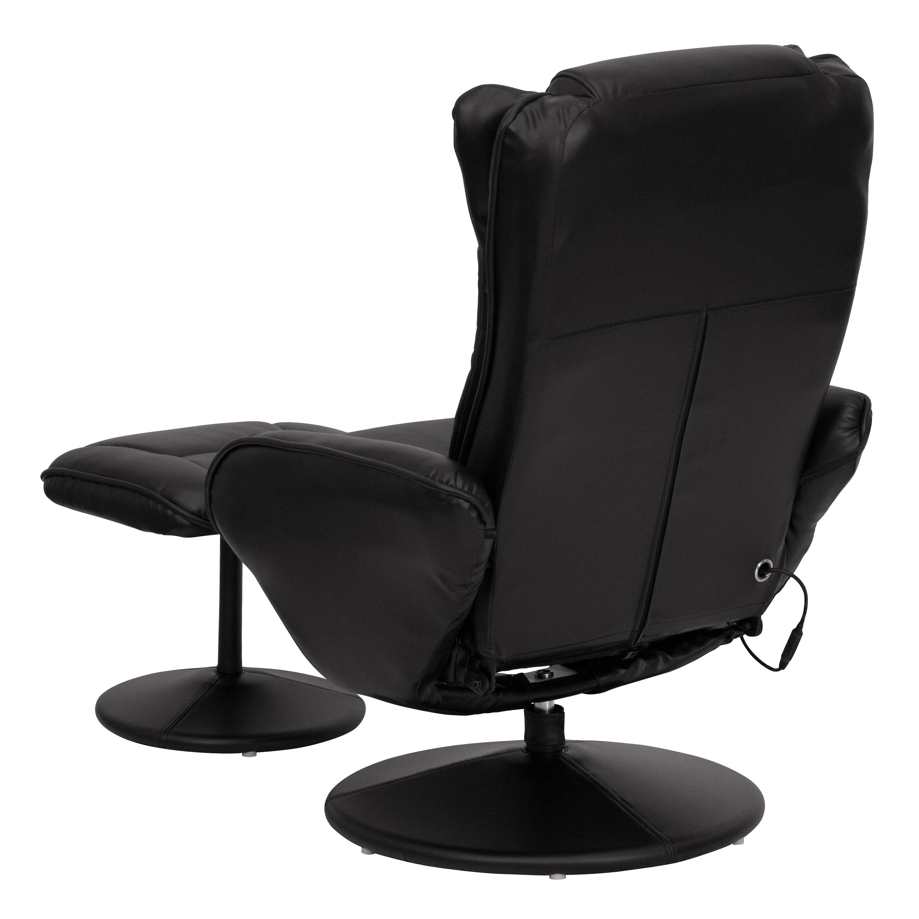 Flash Furniture Poppy Massaging Multi-Position Plush Recliner with Side Pocket and Ottoman in Black LeatherSoft