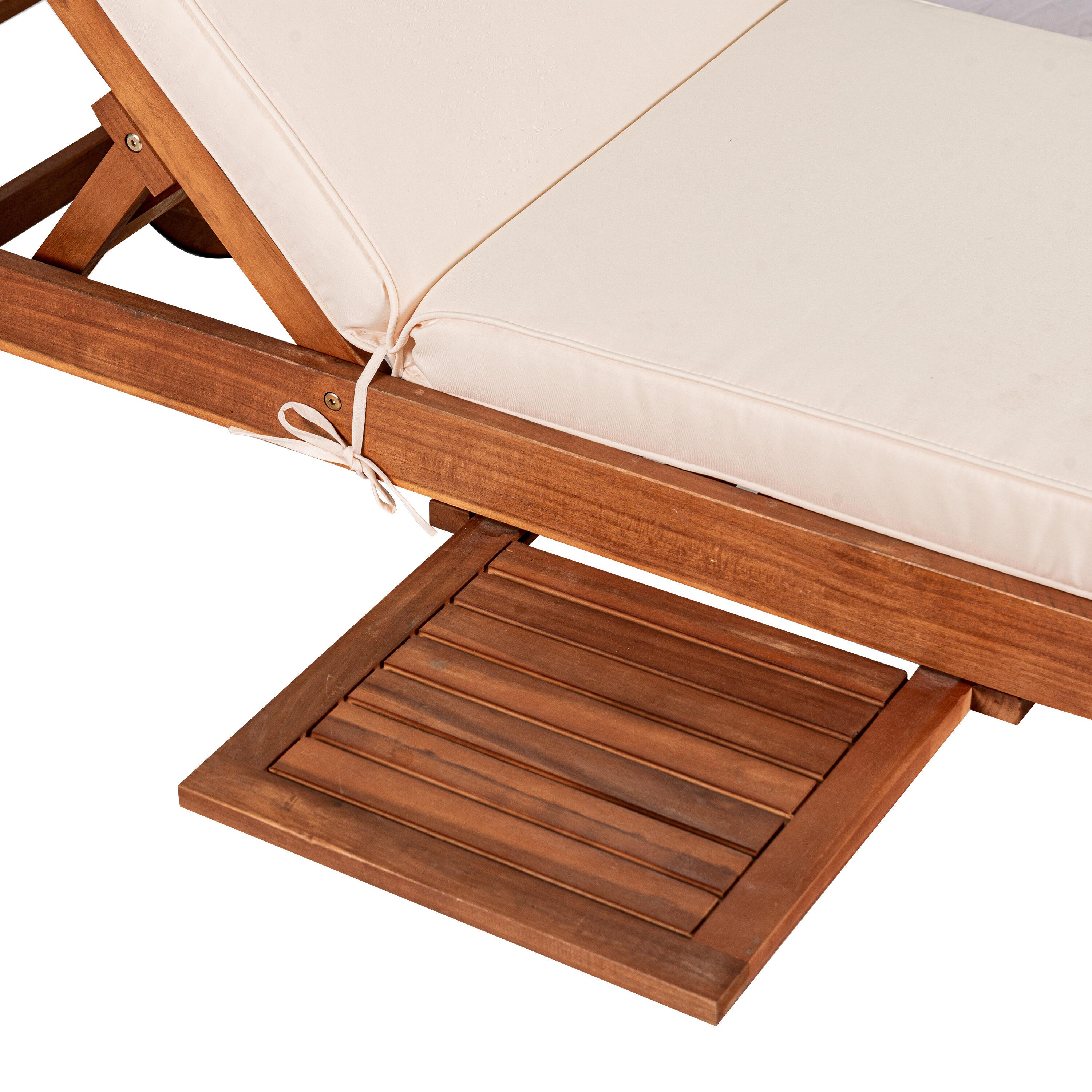 Seabrook 69 x 24 Inch Outdoor Acacia Wood Lounger with Cushion, 5-Position Back, Slide Table & Wheels, Light Brown -JONATHAN Y