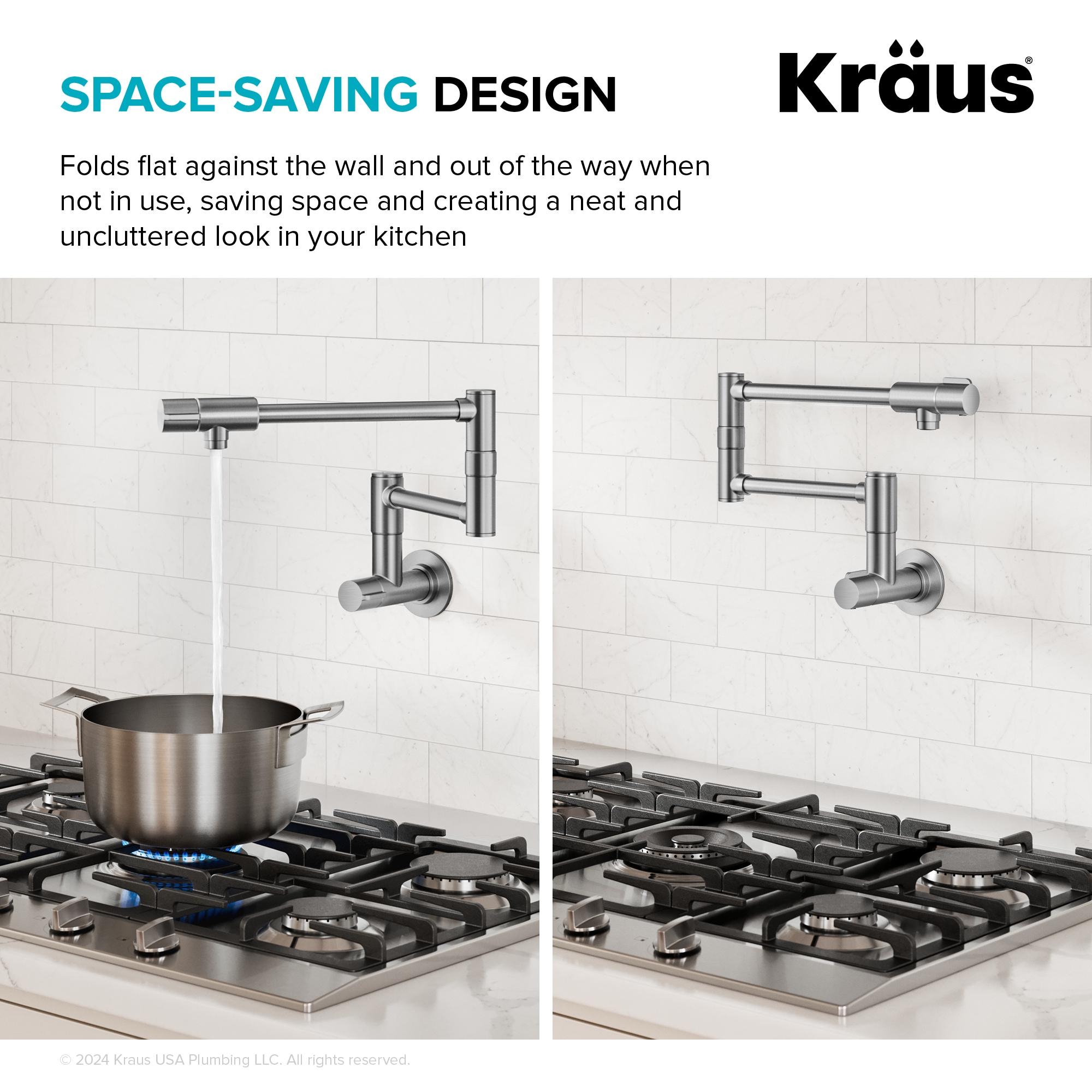 KRAUS Bolden 2 Handle Pot Filler Faucet With Retractable Arm, Wall Mount Kitchen Faucet, Pot Filler For Over Stove