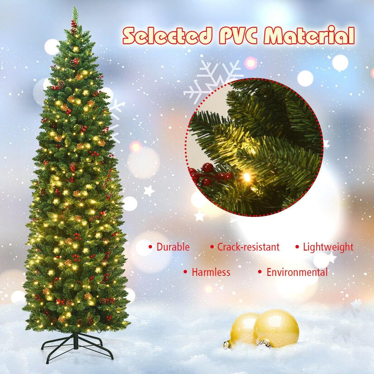 Costway 7.5Ft Pre-lit Hinged Pencil Christmas Tree w/Pine Cones Red Berries & 350 Lights