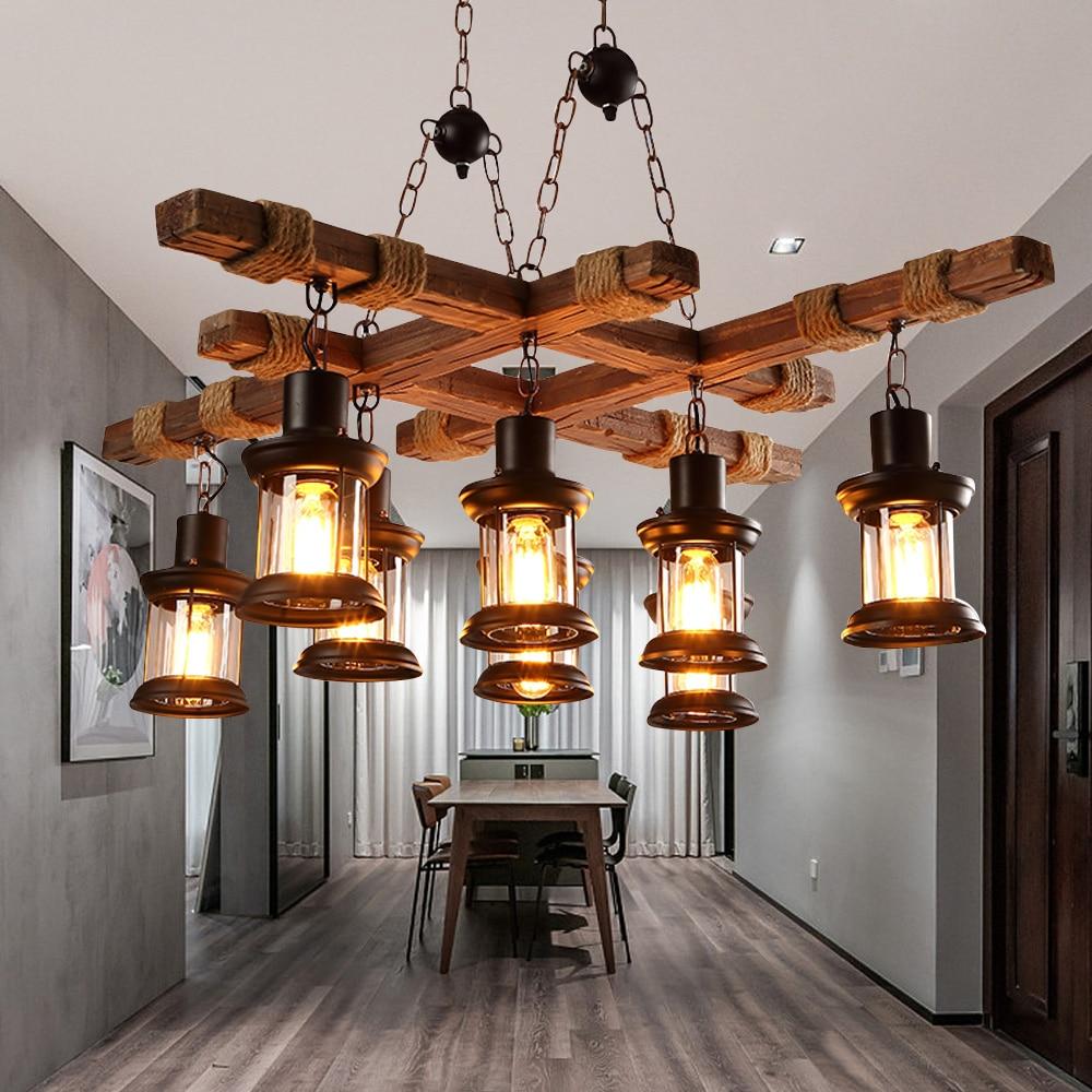 Rongfun 8-Light Rustic Country Chandelier Wood Pendant Lamp Industrial Ceiling Fixture