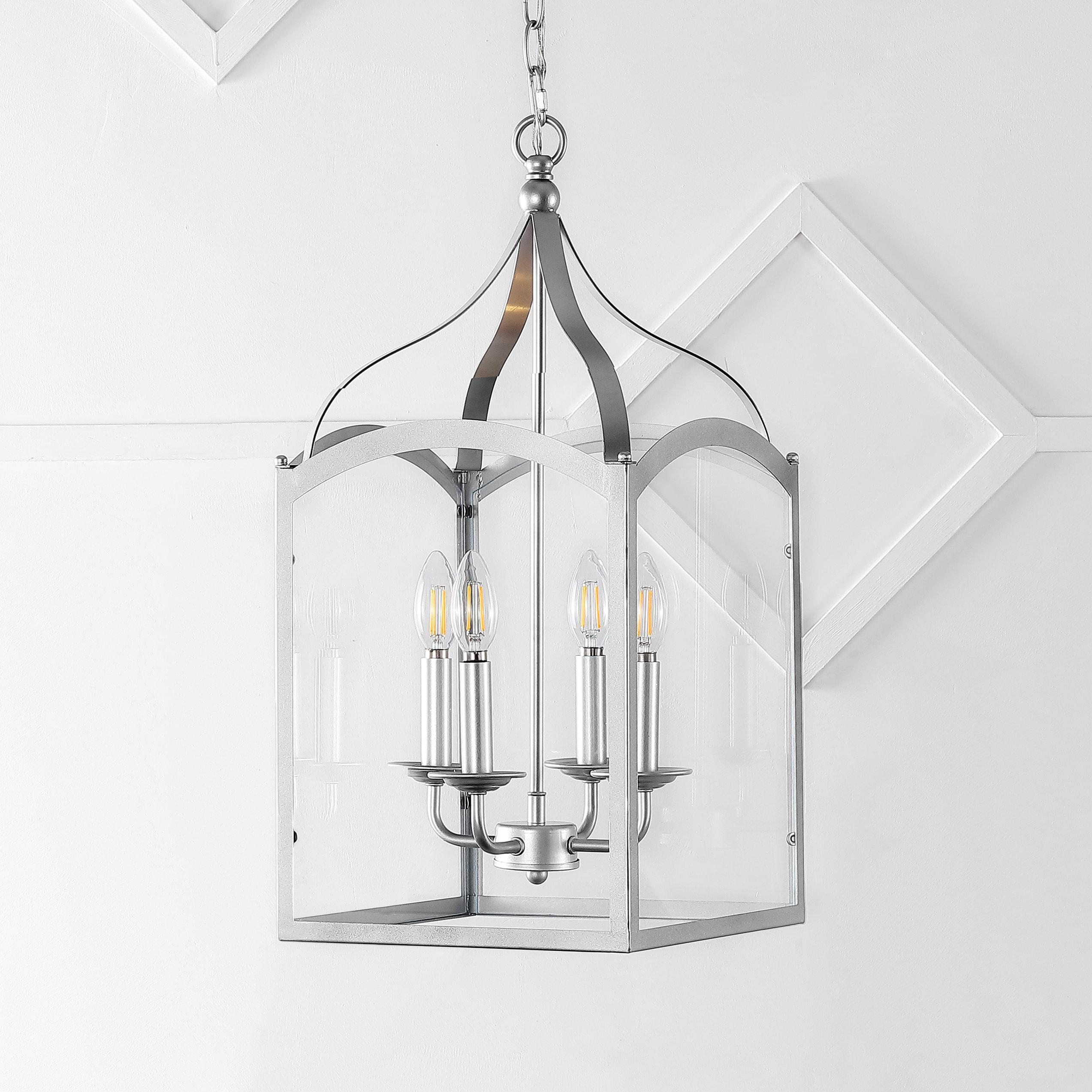 11" LED 4-light Ruth Classic Lantern Metal/Glass Pendant Silver - JONATHAN Y: ETL Listed, Adjustable Height
