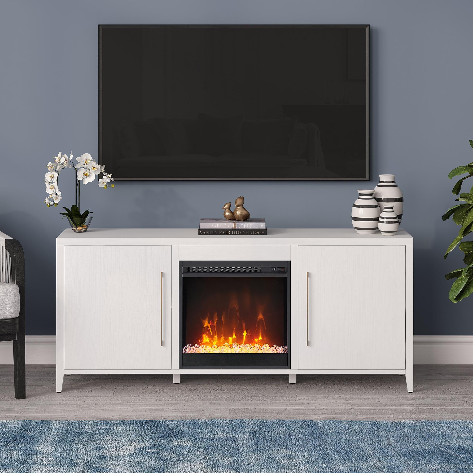 Evelyn&Zoe Jasper Rectangular TV Stand with Crystal Fireplace for TV's up to 65", White