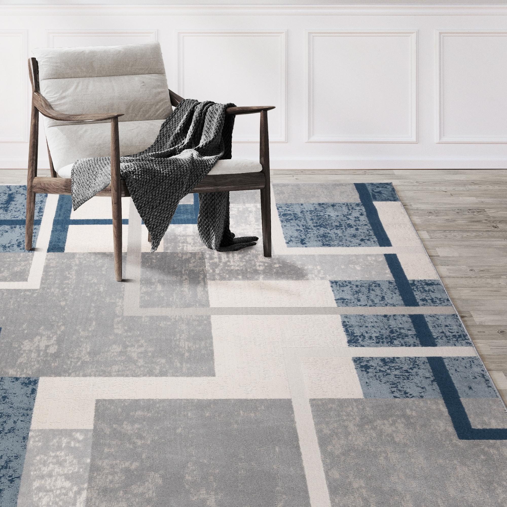 Gertmenian Ethan Abstract Geo Polyester/Polypropylene Modern Blue High-Low Area Rug