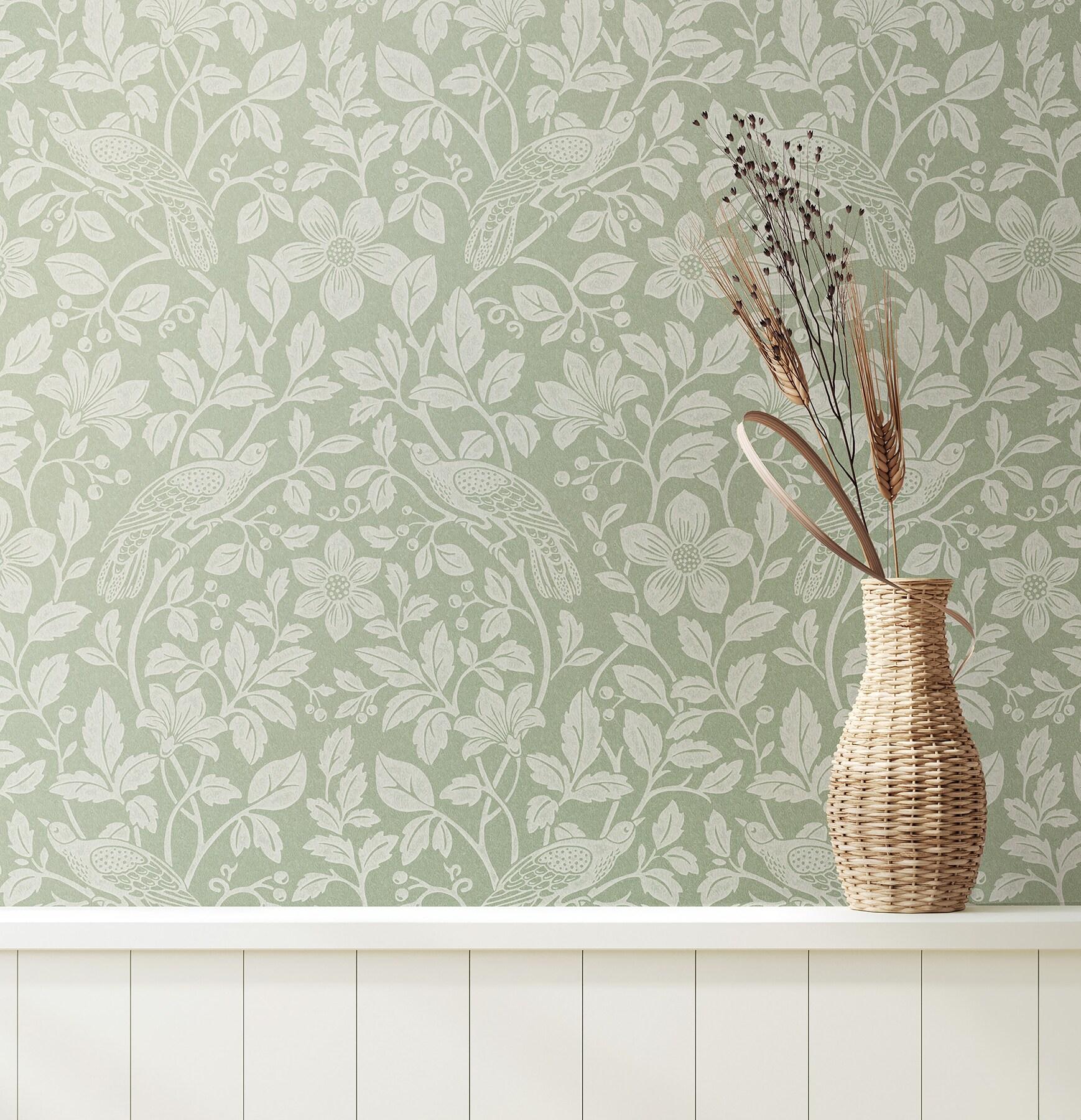 Green and White Non-Woven Botanical Bird Vine Wallpaper