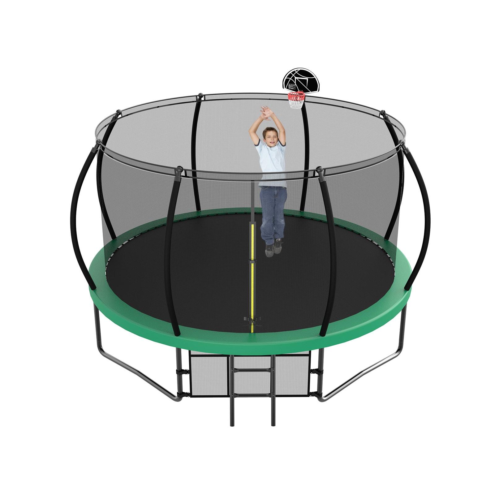 12FT Round Trampoline with Basketball Hoop for Kids, Outdoor Recreational Trampolines with Safety Enclosure Net & Ladder, 880 LBS Weight Capacity, Green