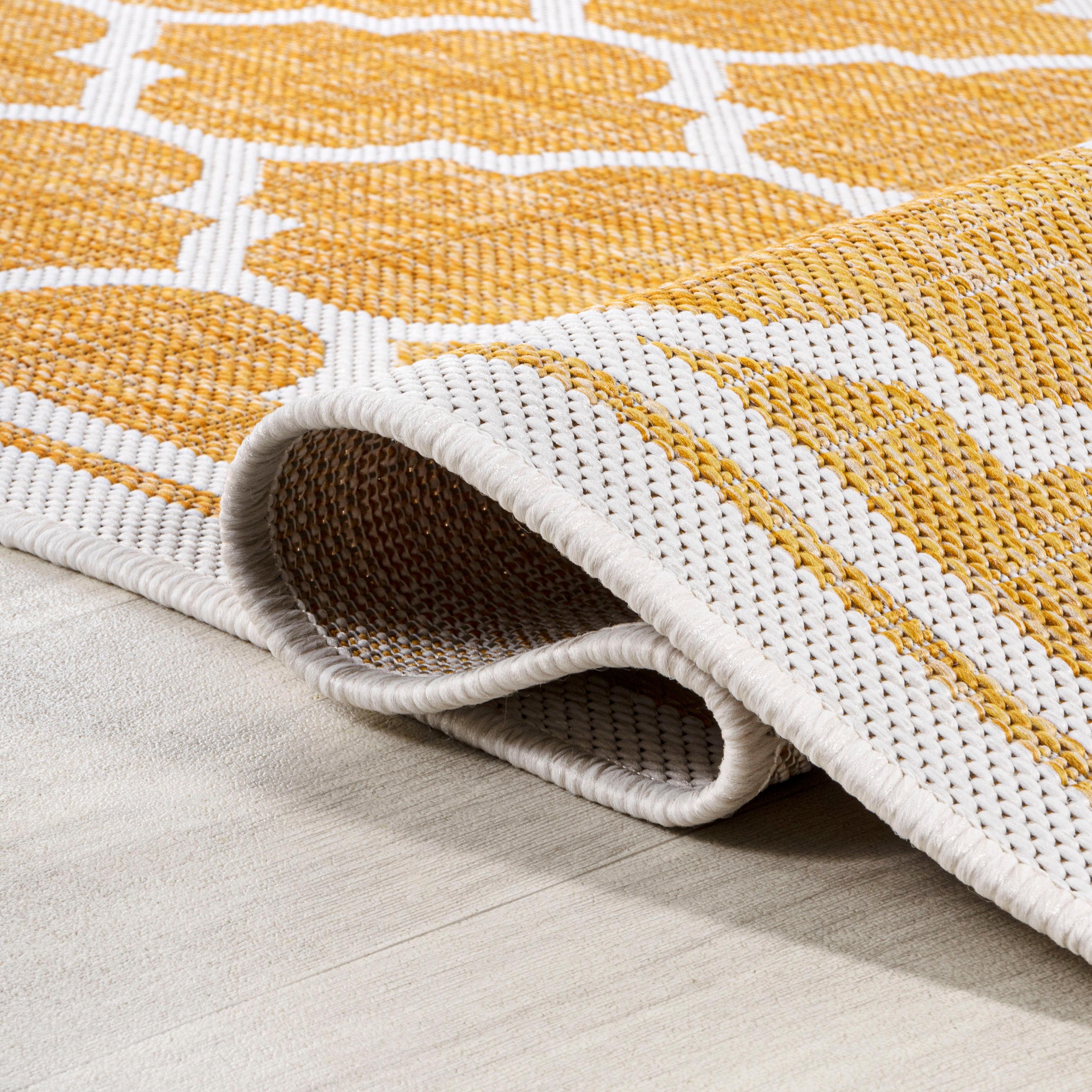 5' x 5' Trebol Moroccan Trellis Textured Weave Indoor/Outdoor Area Rug, Yellow/Cream - JONATHAN Y