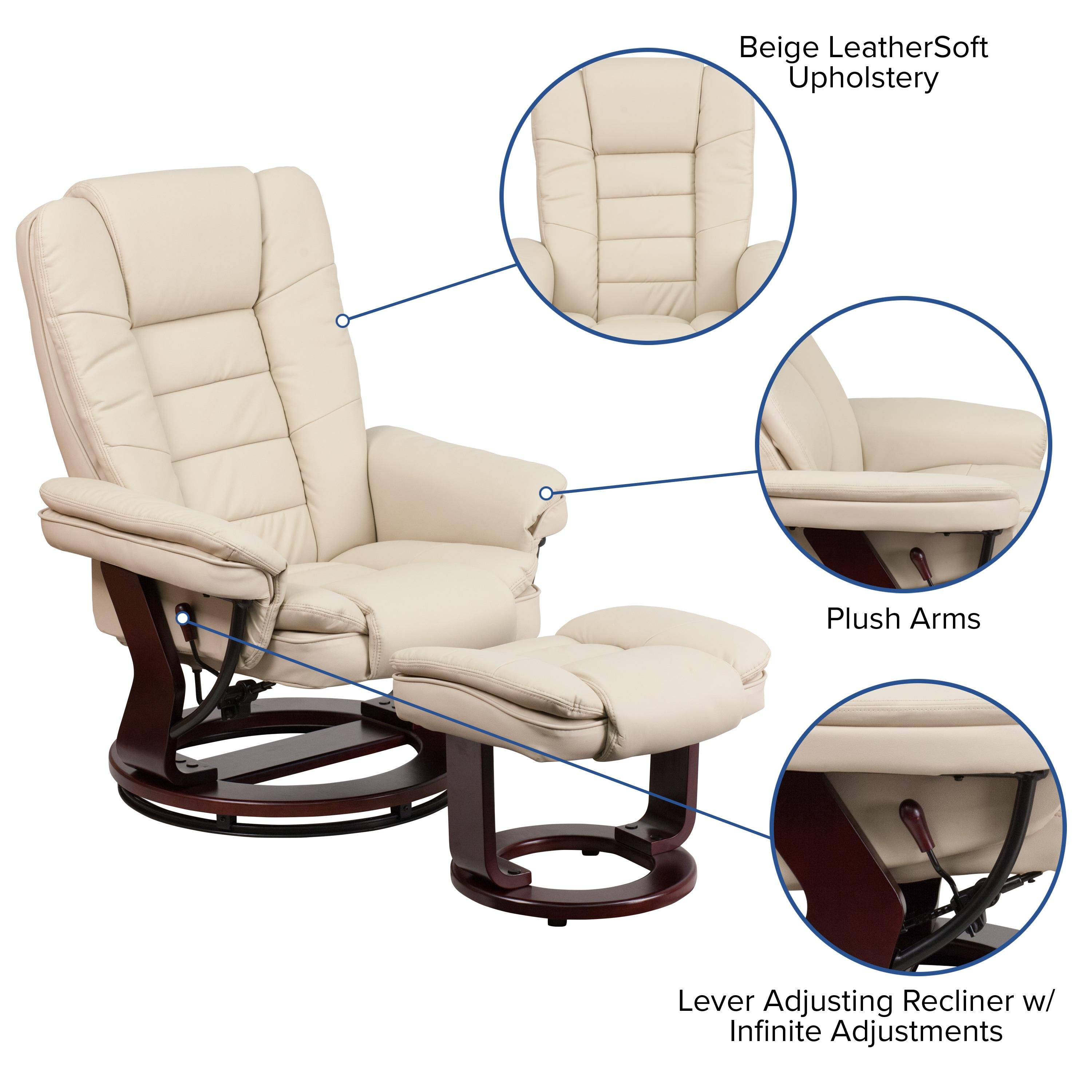 Flash Furniture Bali Contemporary Multi-Position Recliner with Horizontal Stitching and Ottoman with Swivel Mahogany Wood Base in Beige LeatherSoft