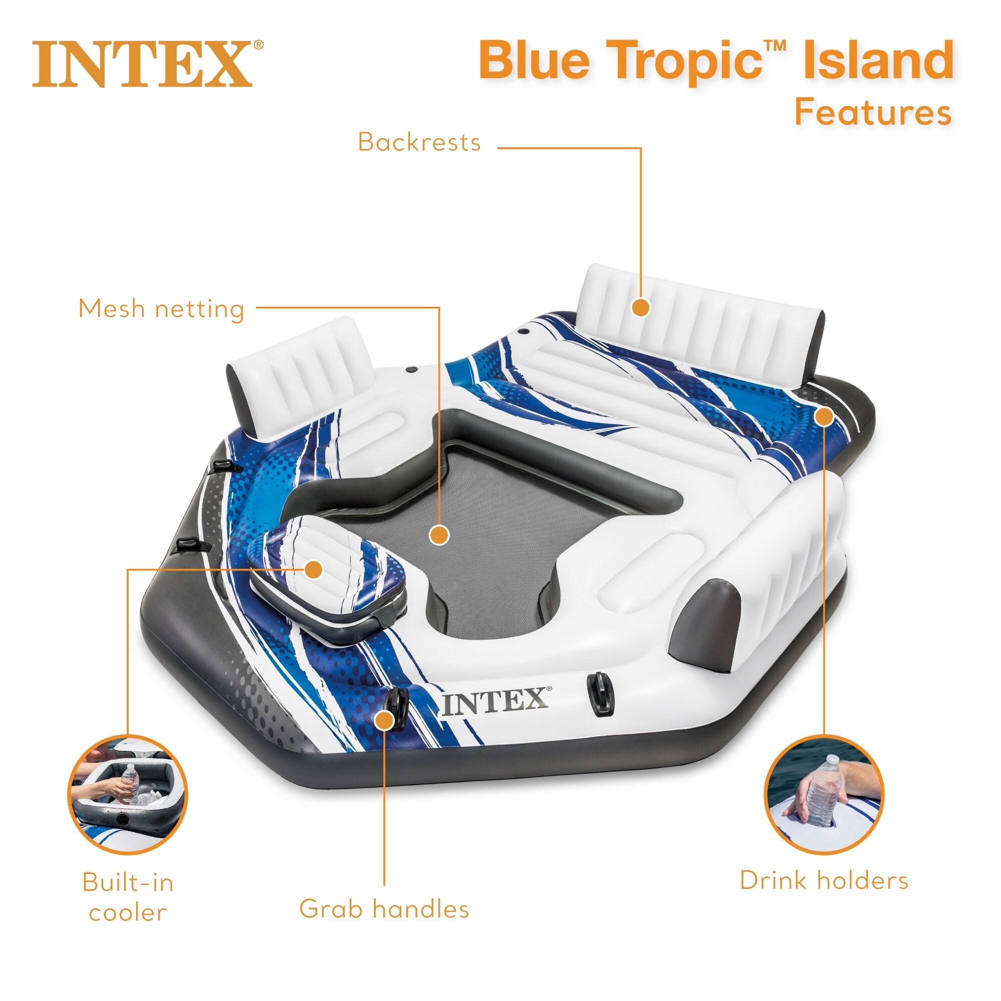 Intex Blue Tropic Inflatable Lake or Swimming Pool Island Water Floating Lounger Raft with Backrests, Built-In Cooler, and 4 Cupholders