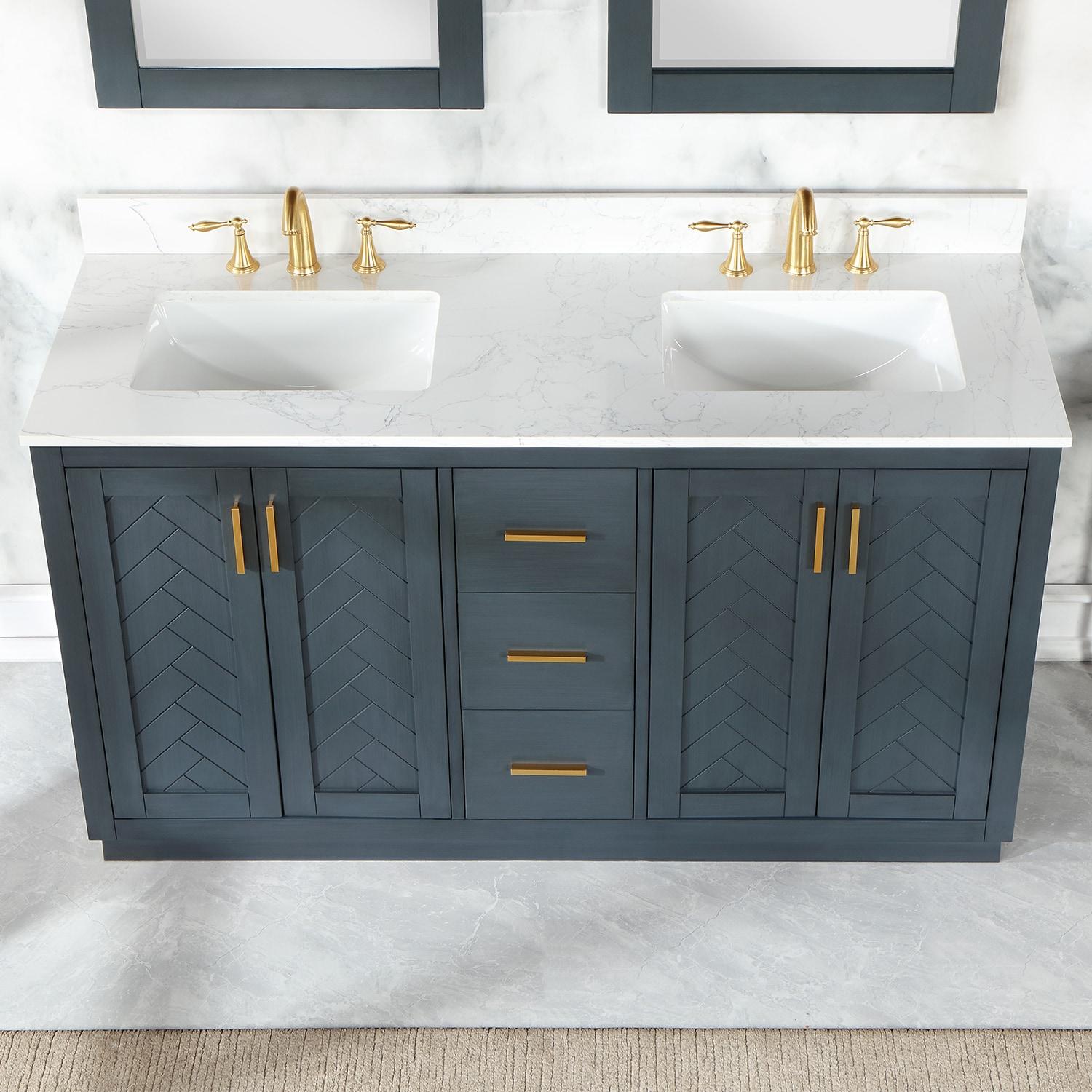 Gazsi 60" Double Bathroom Vanity Set in Charcoal Blue with Grain White Composite Stone Countertop without Mirror