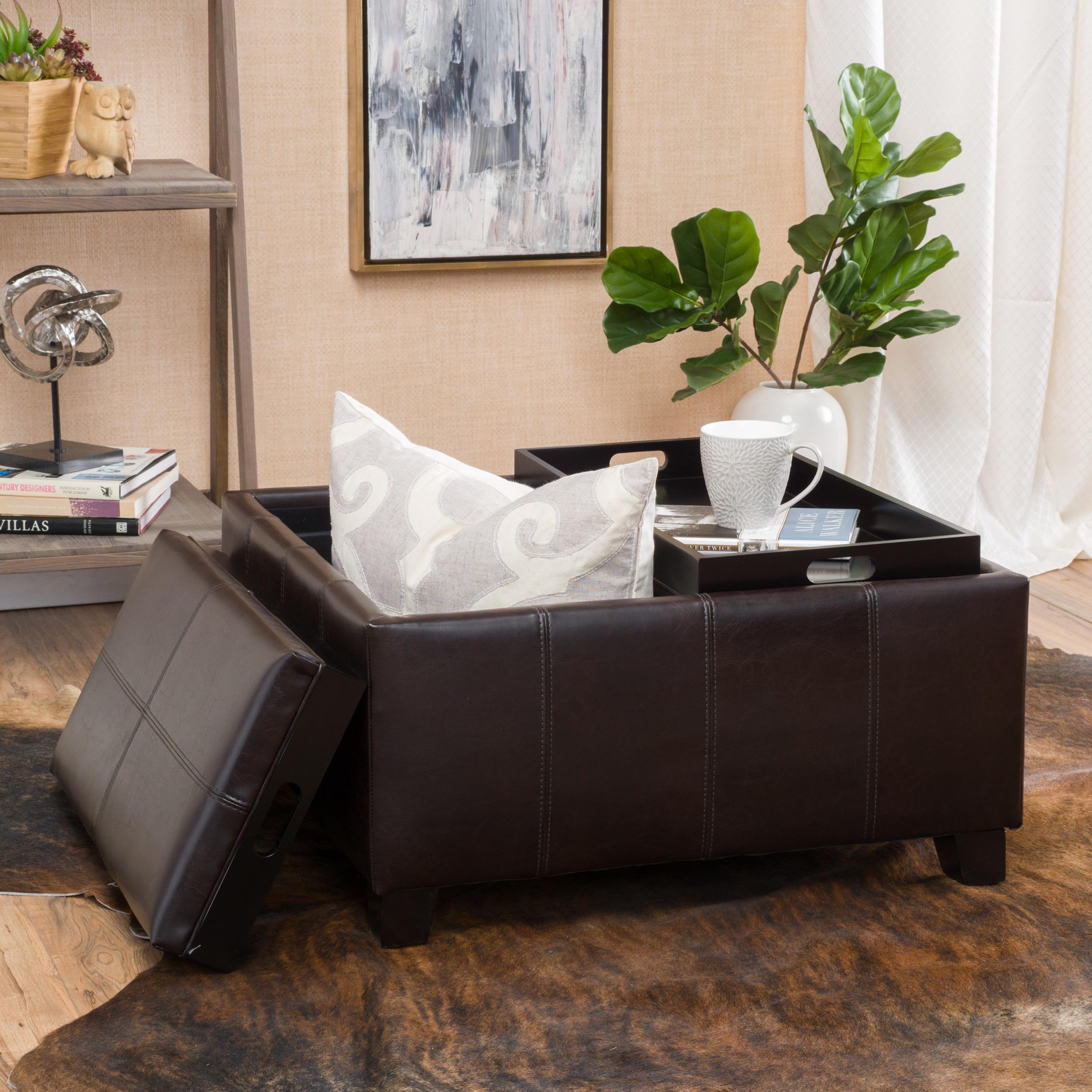 Mansfield Faux Leather Tray Top Storage Ottoman - Brown - Christopher Knight Home: Square Upholstered Bench with Wood Frame
