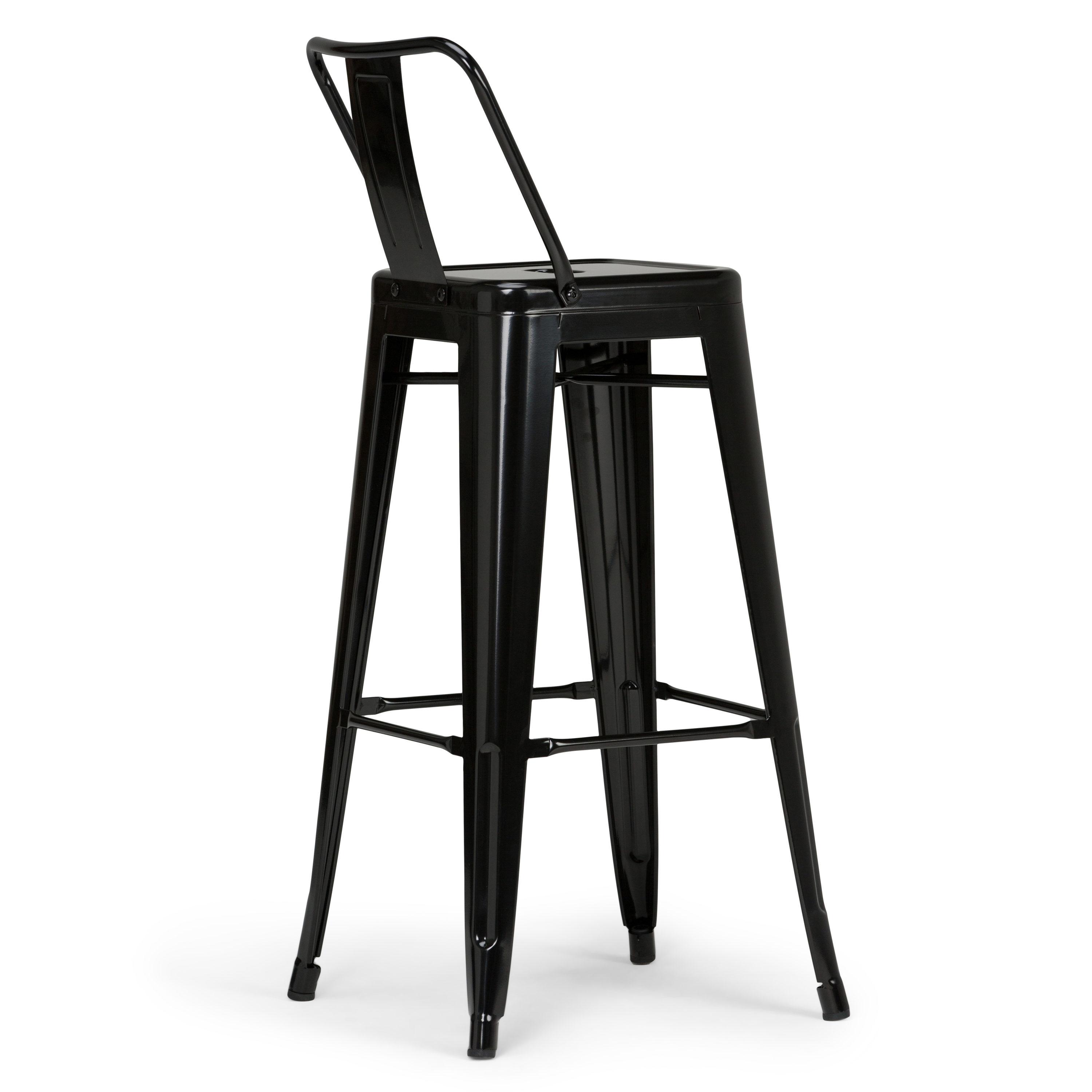 Simpli Home Rayne Metal Industrial Stool with Curved Back, Cross-Brace, and Footrest