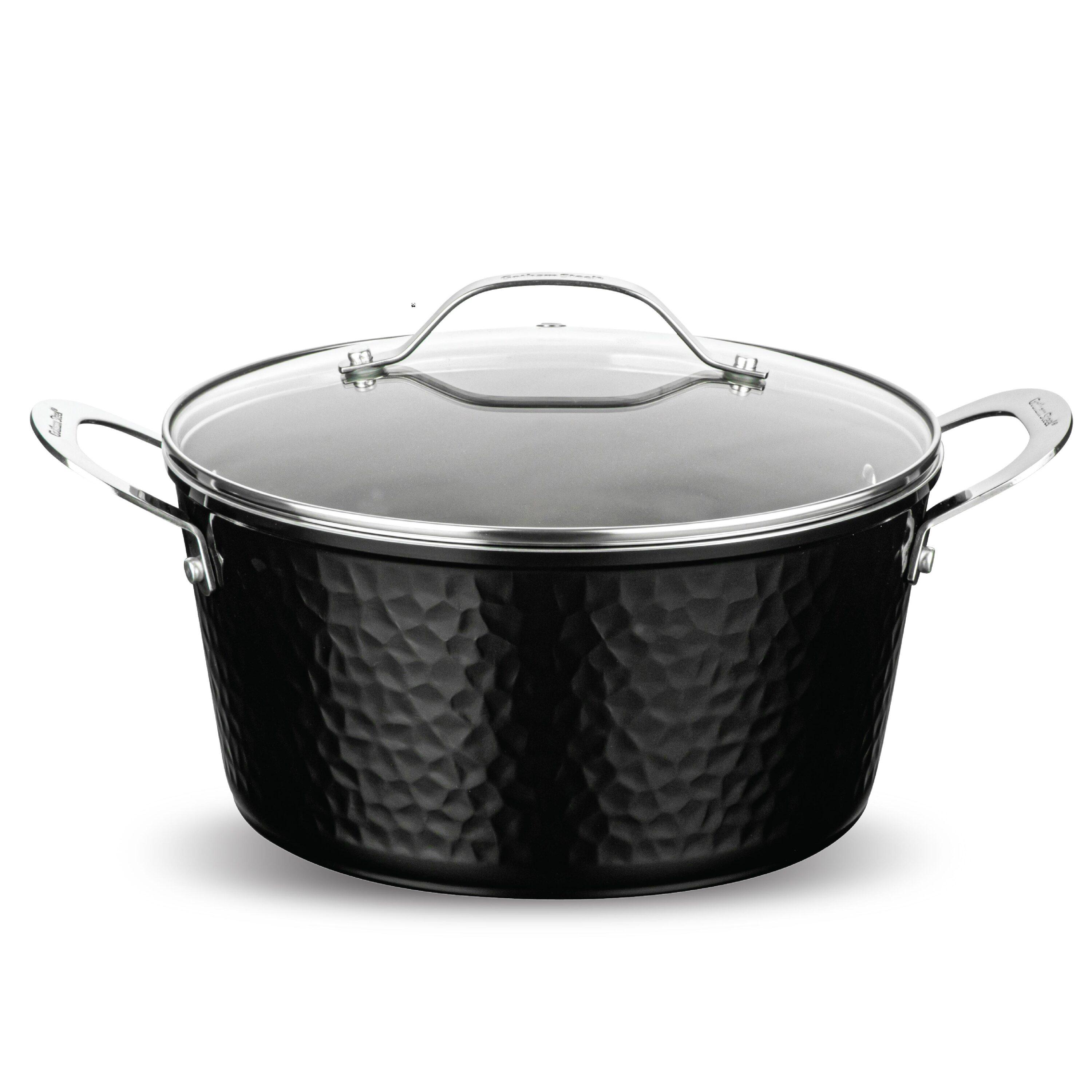 Gotham Steel Hammered Stock Pot 5 Quart Large Soup Pasta Pot Nonstick Ceramic Cooking with Glass Lid Black