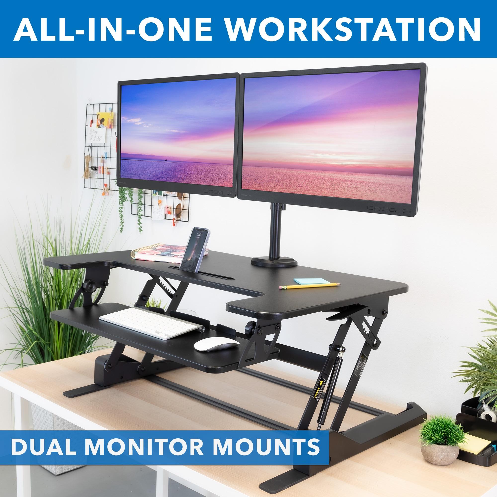 Mount-It! Height Adjustable Standing Desk Converter with Bonus Dual Monitor Mount Included - Wide 36 Inch Sit Stand Workstation with Gas Spring Lift