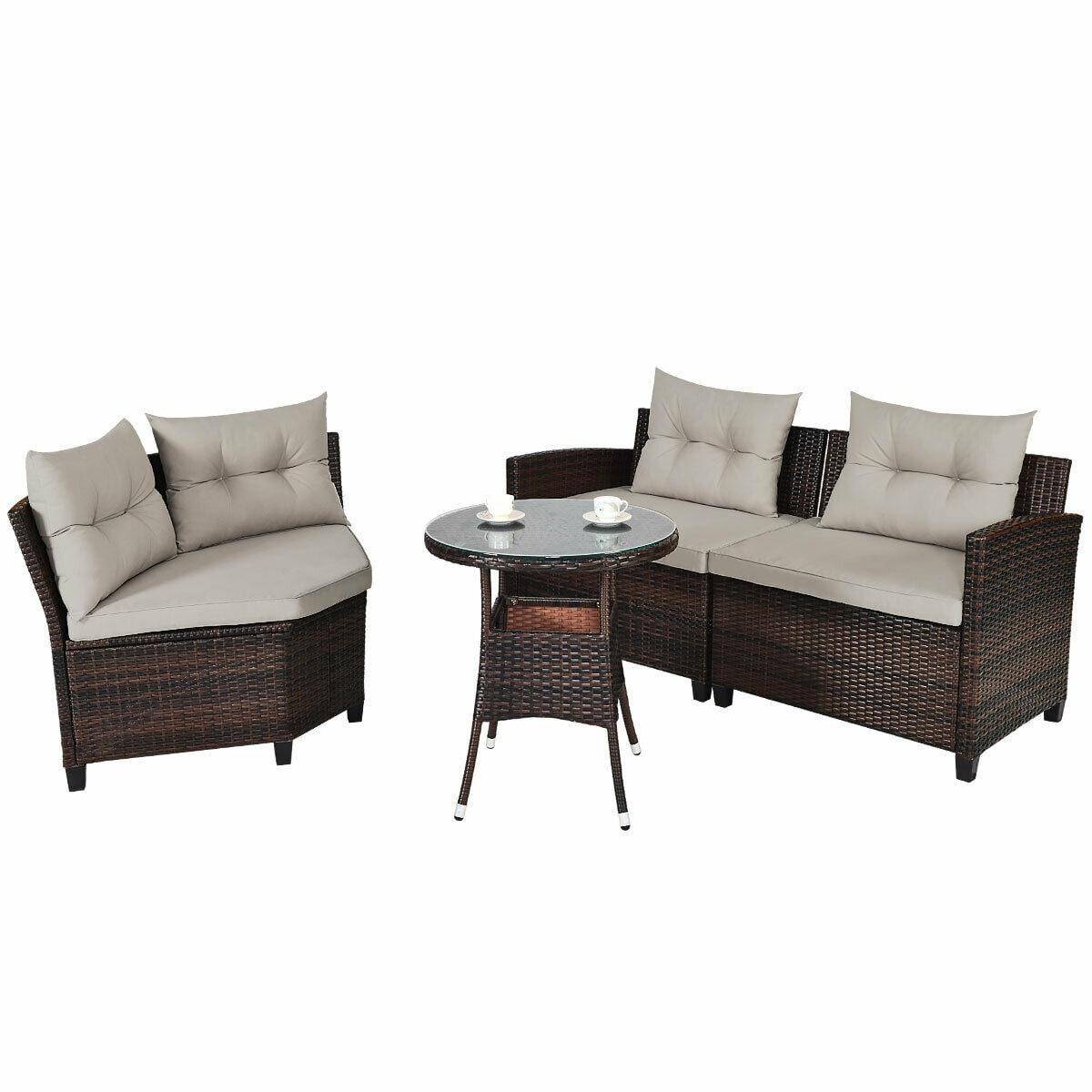 Patiojoy 4PCS Outdoor Patio Conversation Set Wicker Rattan Sectional Sofa