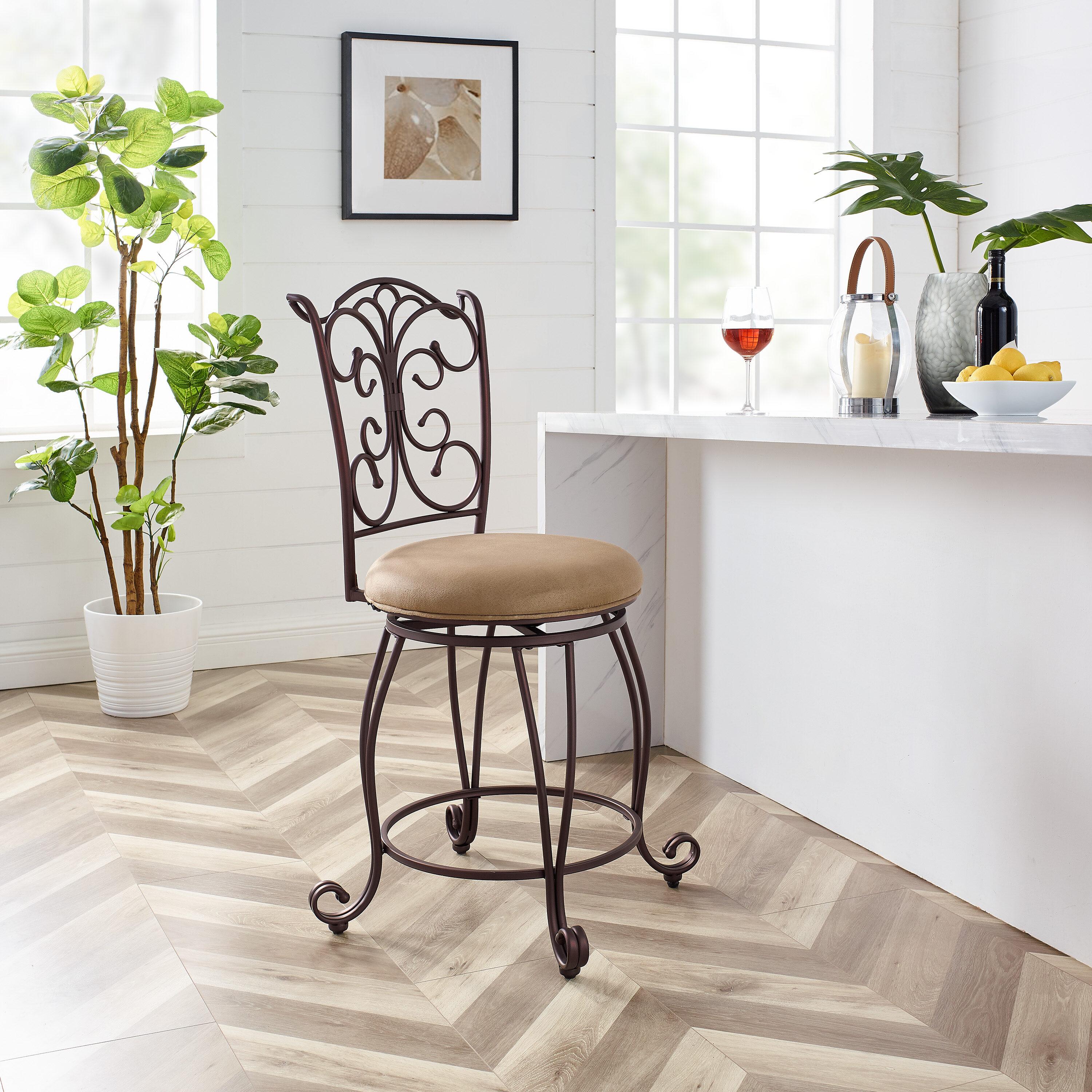 Linon Gathered Back Counter Stool, Brown, 24 inch Seat Height, Light Brown with Caramel Fabric
