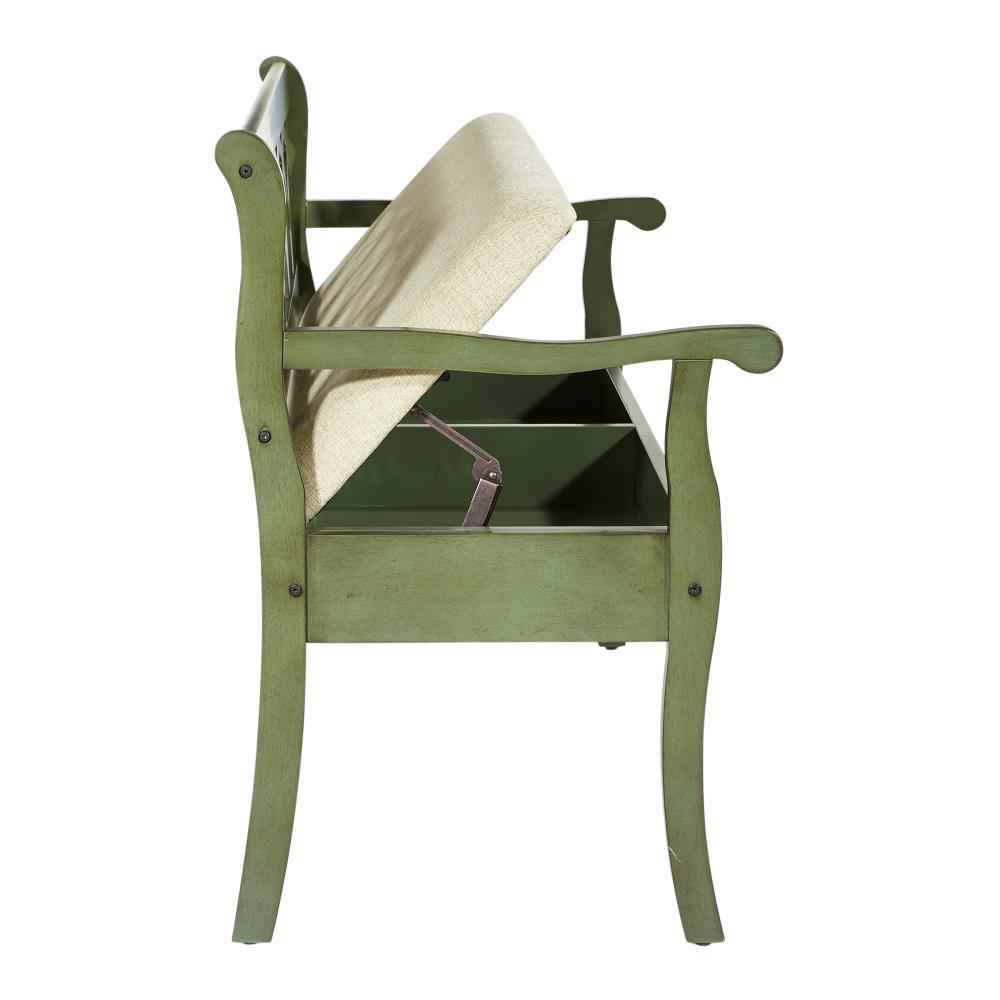 OSP Home Furnishings Coventry Storage Bench in Antique Sage Frame and Beige Seat Cushion K/D