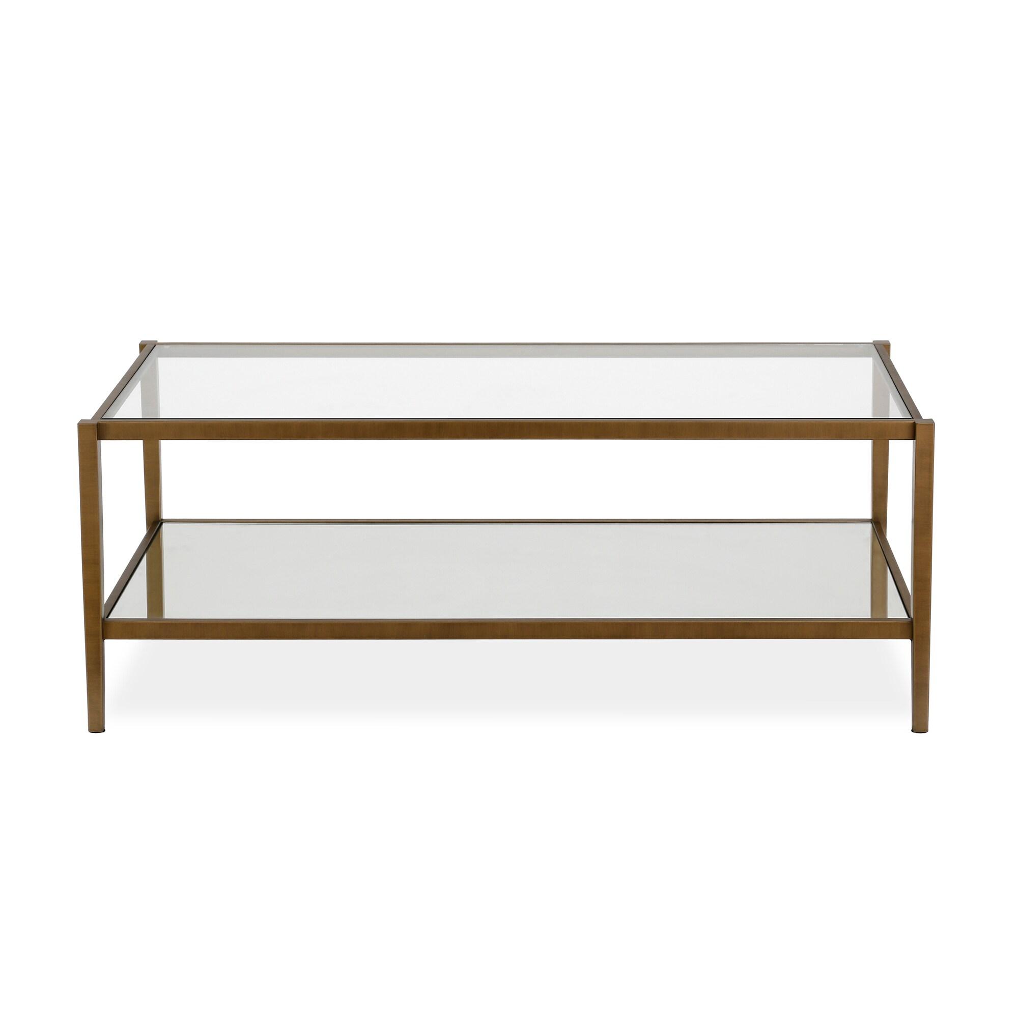 Modern Rectangle Coffee Table in Brass and Gold with Mirrored Shelf - Henn&Hart