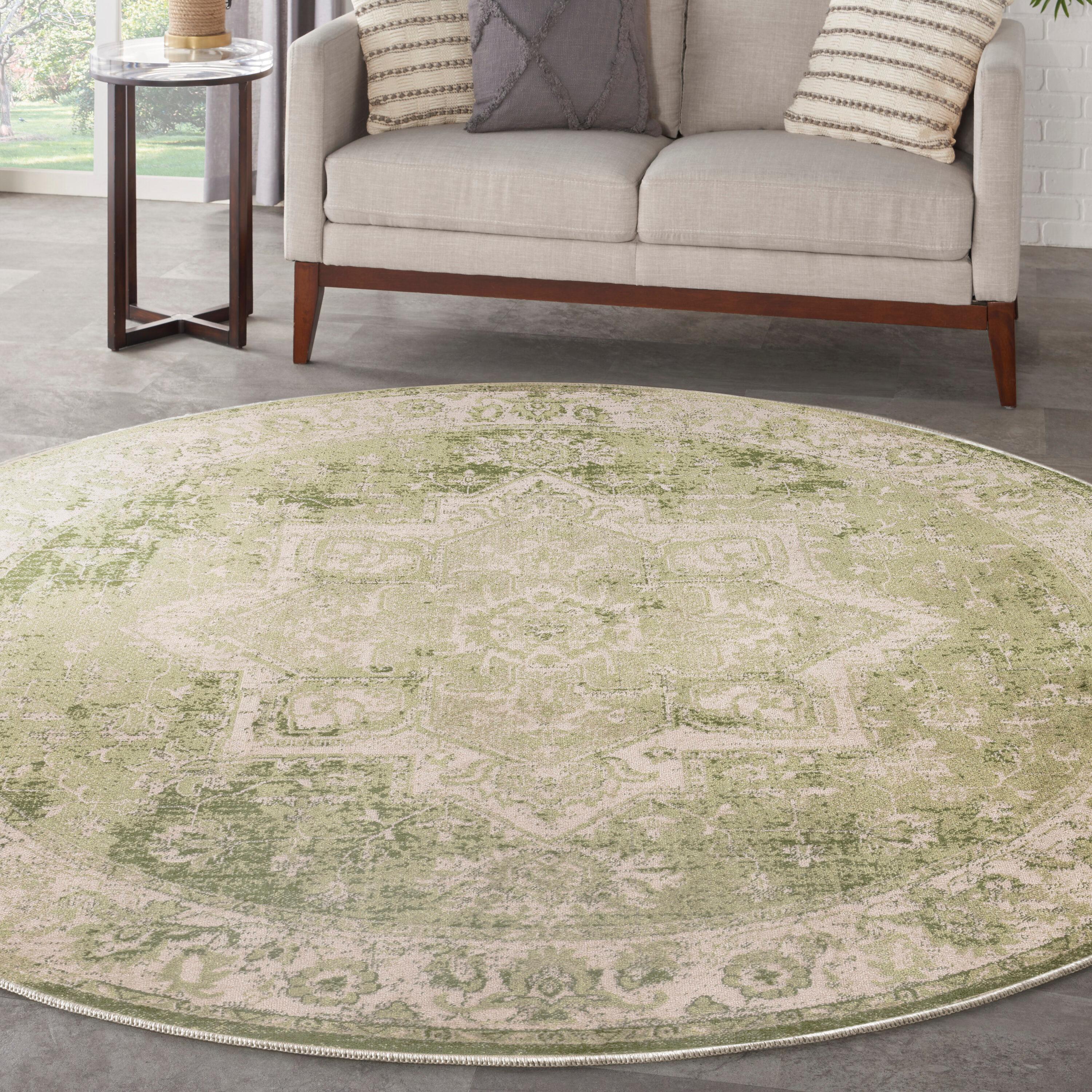 Nourison Washable Astra Vintage Medallion Indoor Flatweave Area Rug Ivory Green 5'3" x Round