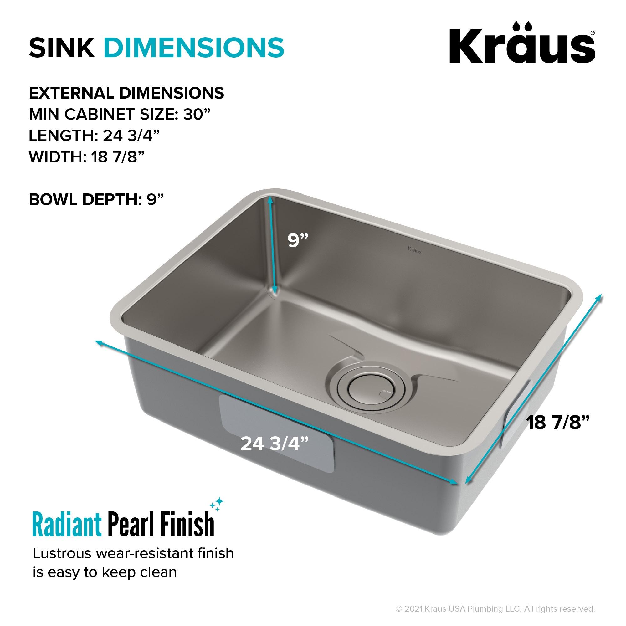 Dex™️ Series KRAUS 25-inch L Undermount Single Bowl TRU16 Gauge Stainless Steel Kitchen Sink with DrainAssure WaterWay