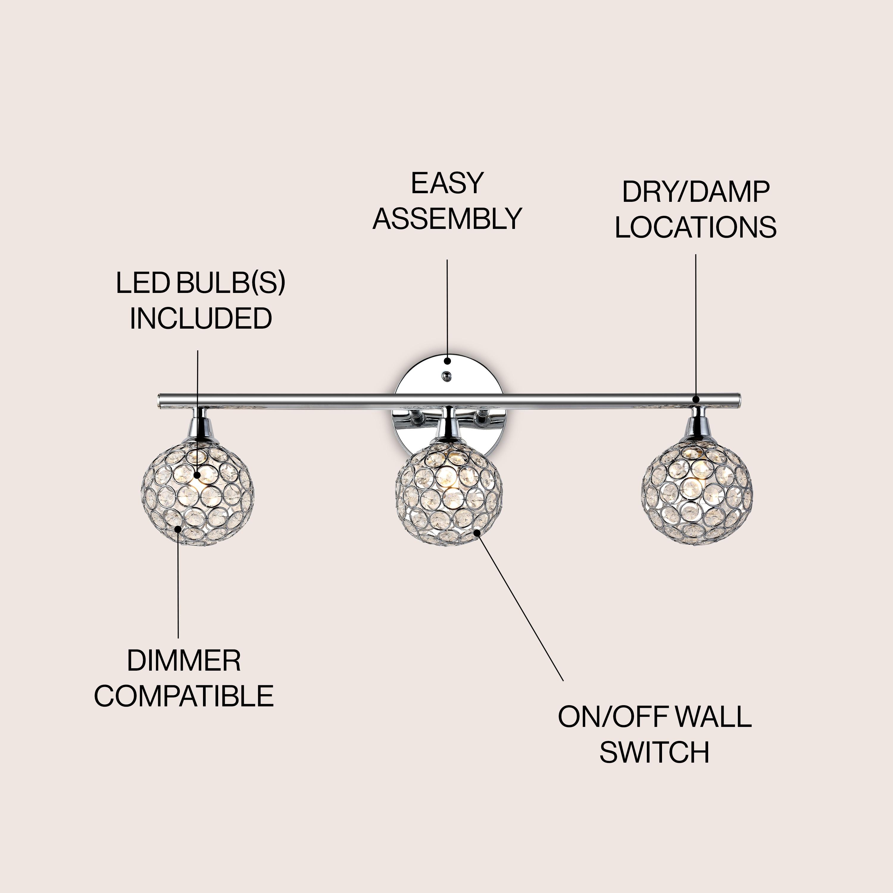 JONATHAN Y Maeve 23" 3-Light Iron/Glass Contemporary Glam LED Vanity Light, Chrome