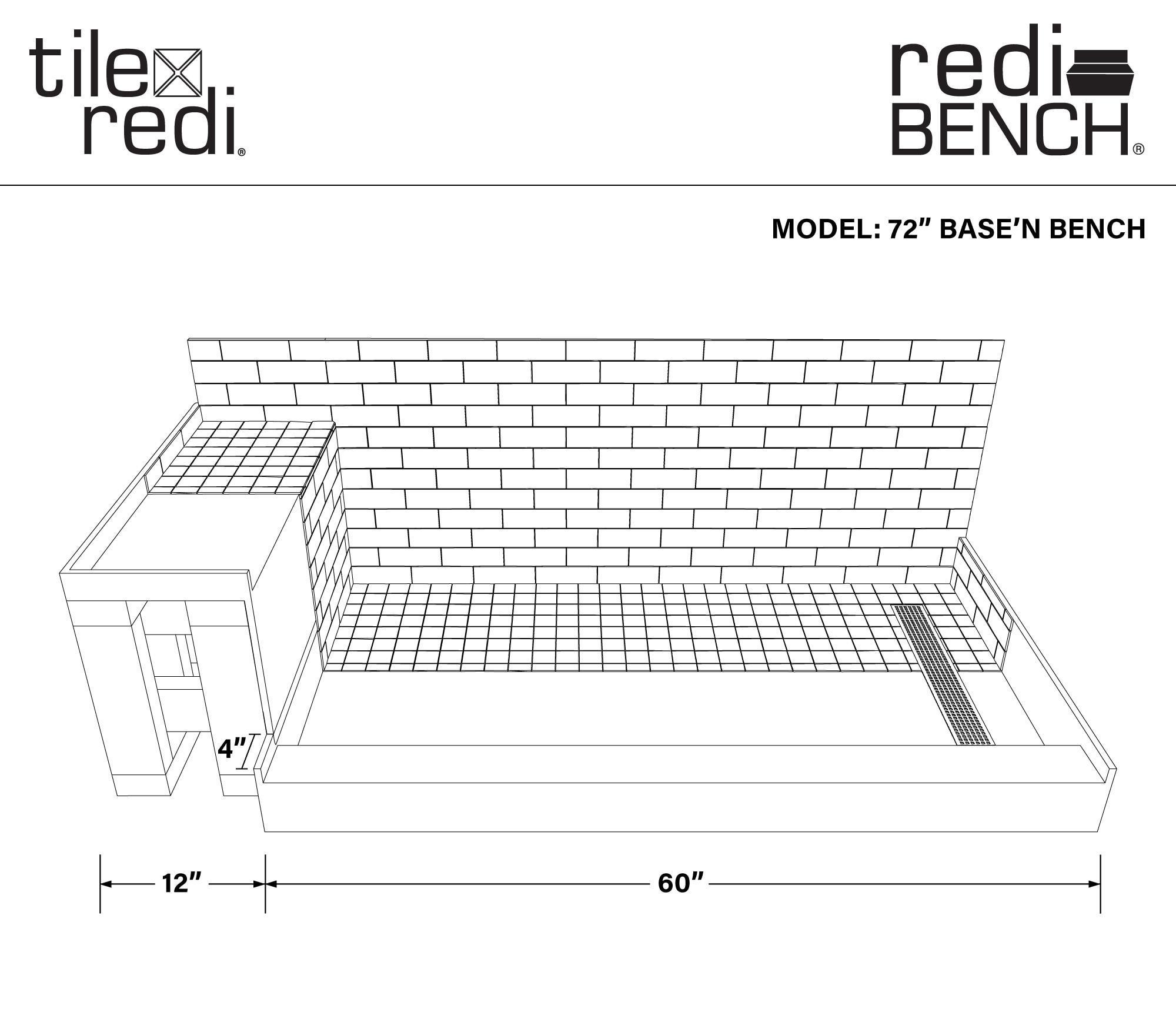 Tile Redi Rt3660r-Rb36-Kit Base'n Bench 72" X 36" Rectangular Shower Base - Grey w/ Matte