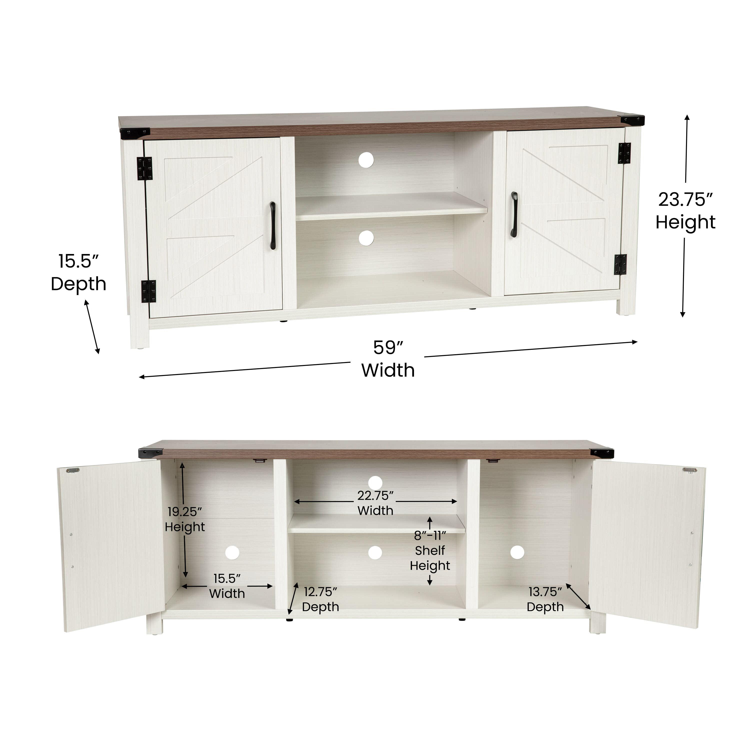 BizChair Modern Farmhouse Barn Door TV Stand in White for TV's up to 65 Inches - 59 Inch Entertainment Center with Adjustable Shelf