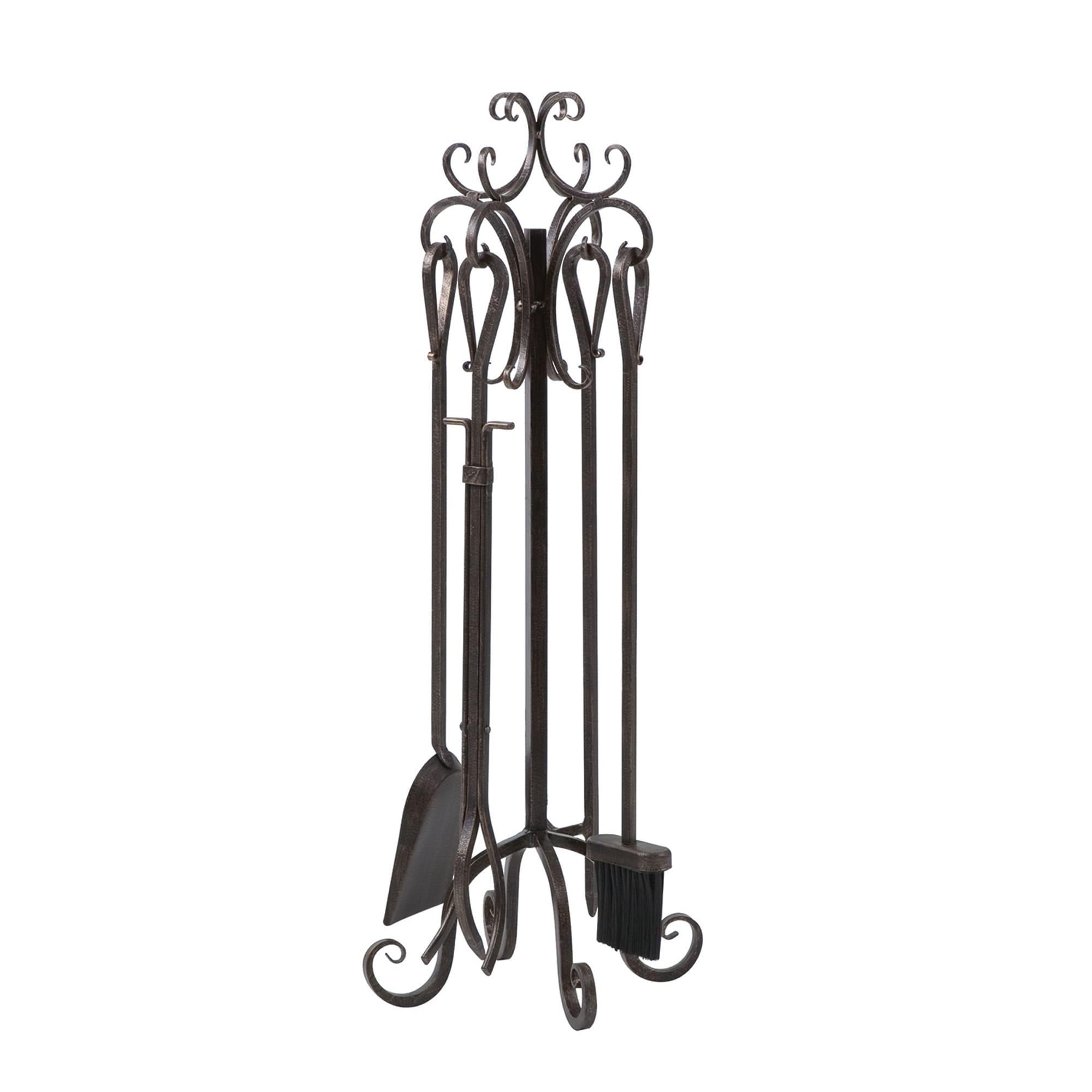 Panacea 5 Piece Powder Coated Steel Scroll Top Fireplace Accessory Tool Set with Brush, Tongs, Shovel, Poker, and Stand, Bronze