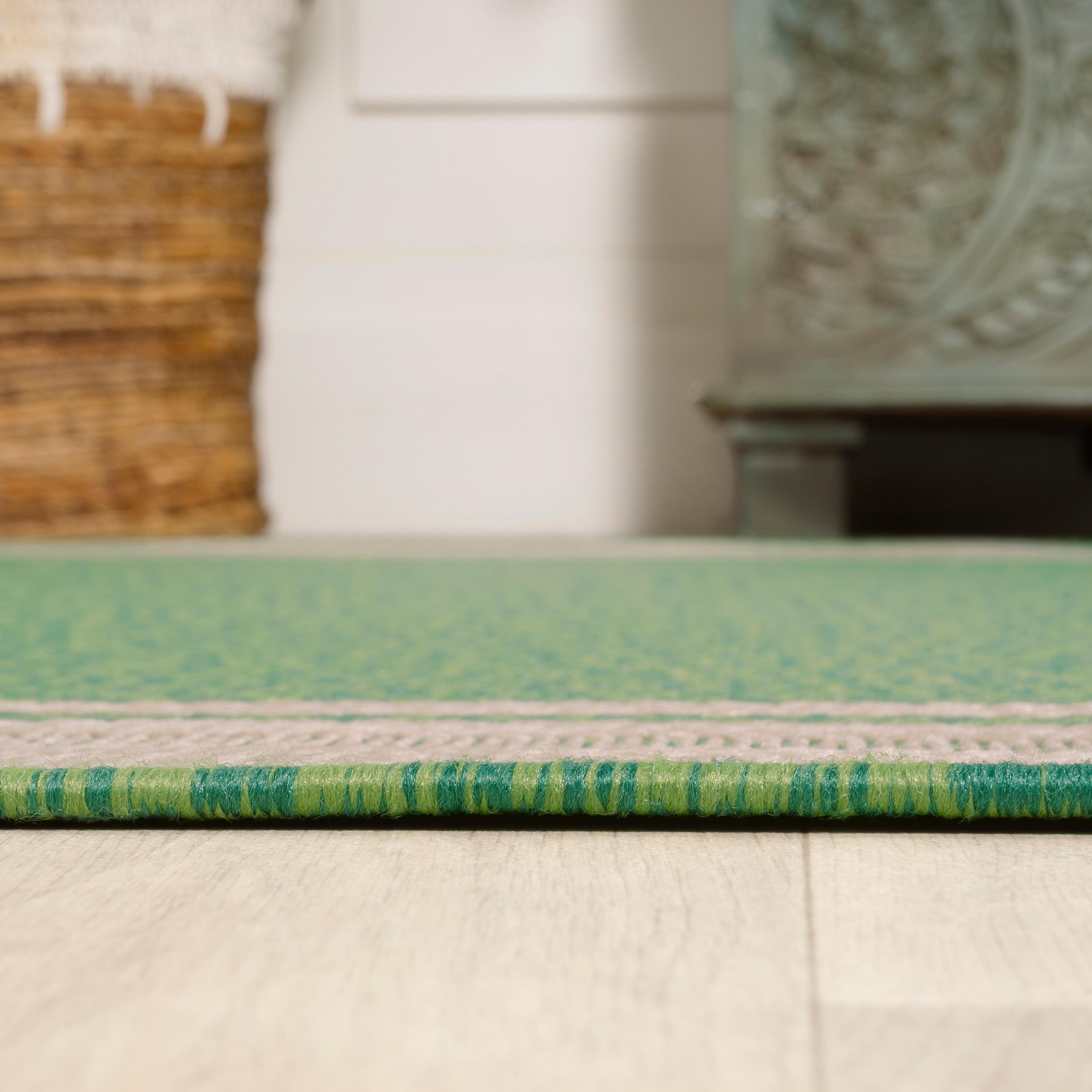 2' x 8' James Modern Border Stripe Indoor/Outdoor Runner Rug, Green/Cream - JONATHAN Y